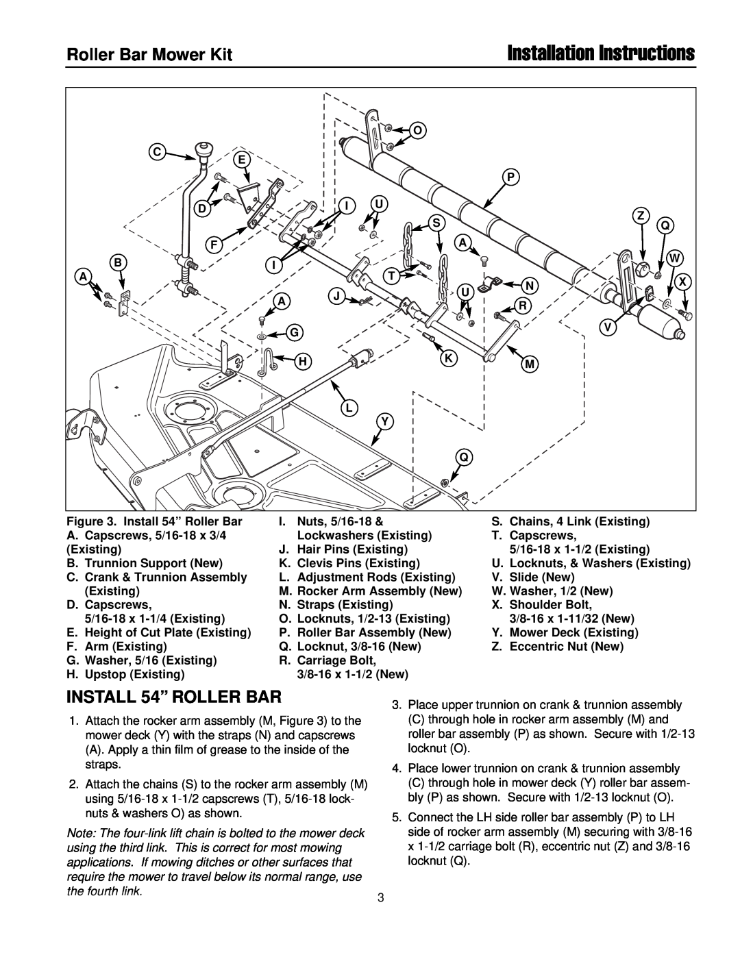 Briggs & Stratton 1687079 installation instructions INSTALL 54” ROLLER BAR, Installation Instructions, Roller Bar Mower Kit 