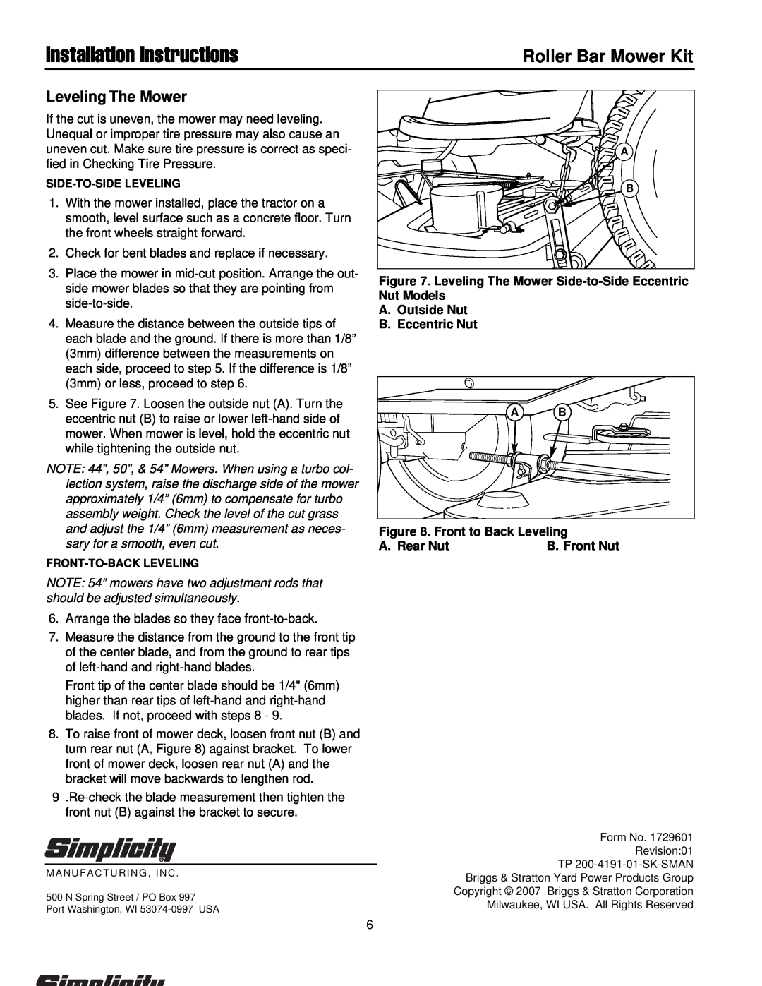 Briggs & Stratton 1687079 installation instructions Leveling The Mower, Installation Instructions, Roller Bar Mower Kit 