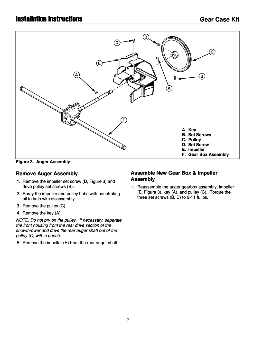 Briggs & Stratton 1687227, 1687228 installation instructions Installation Instructions, Gear Case Kit, Remove Auger Assembly 