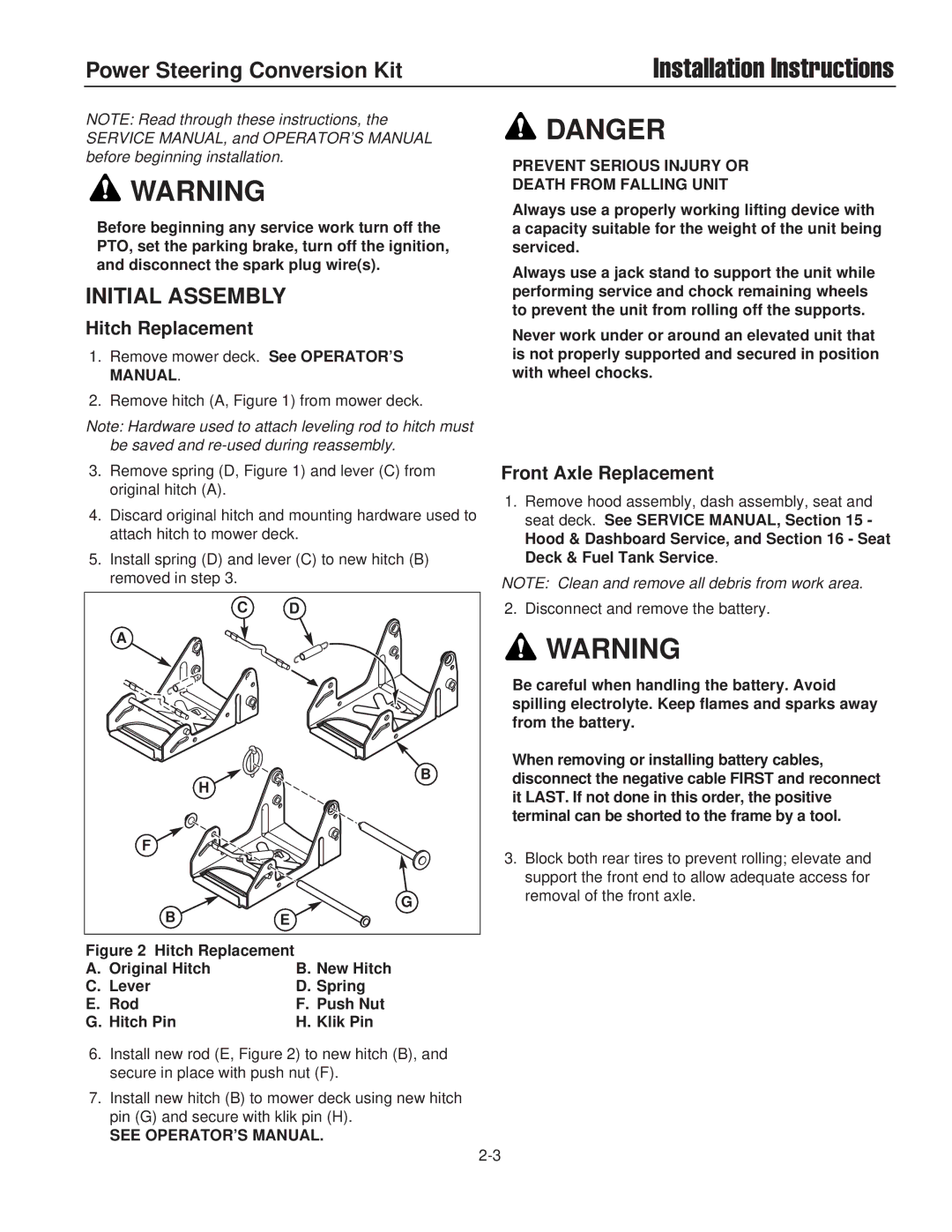 Briggs & Stratton 1687302, 1687286 installation instructions Initial Assembly, Hitch Replacement, Front Axle Replacement 