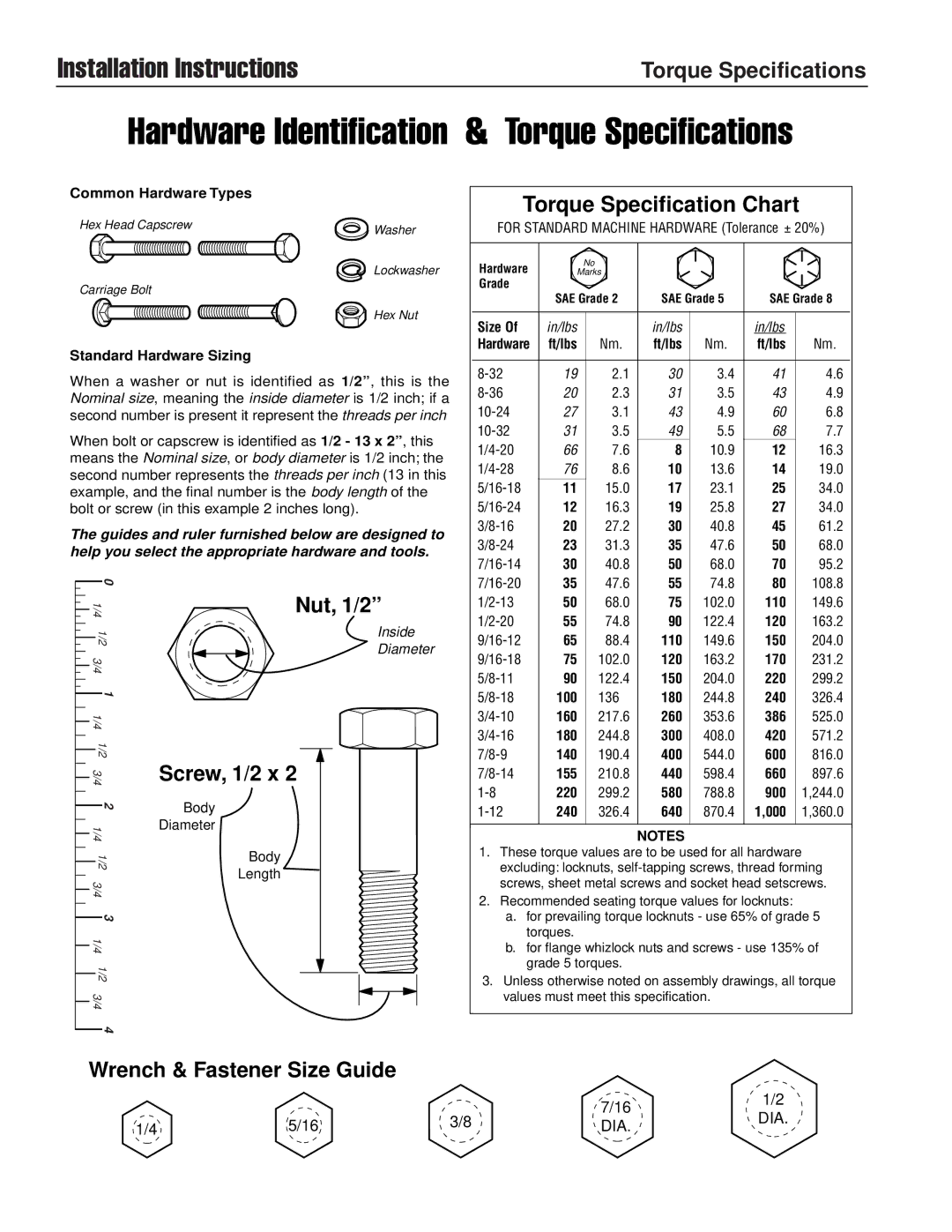 Briggs & Stratton 1687302, 1687286 installation instructions Hardware Identification & Torque Specifications 