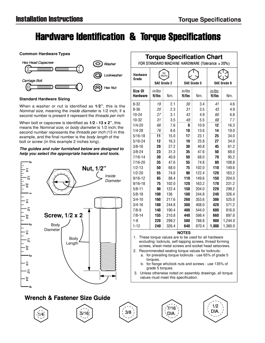 Briggs & Stratton 1687302 Hardware Identification & Torque Specifications, Installation Instructions, Nut, 1/2”, 7/16 