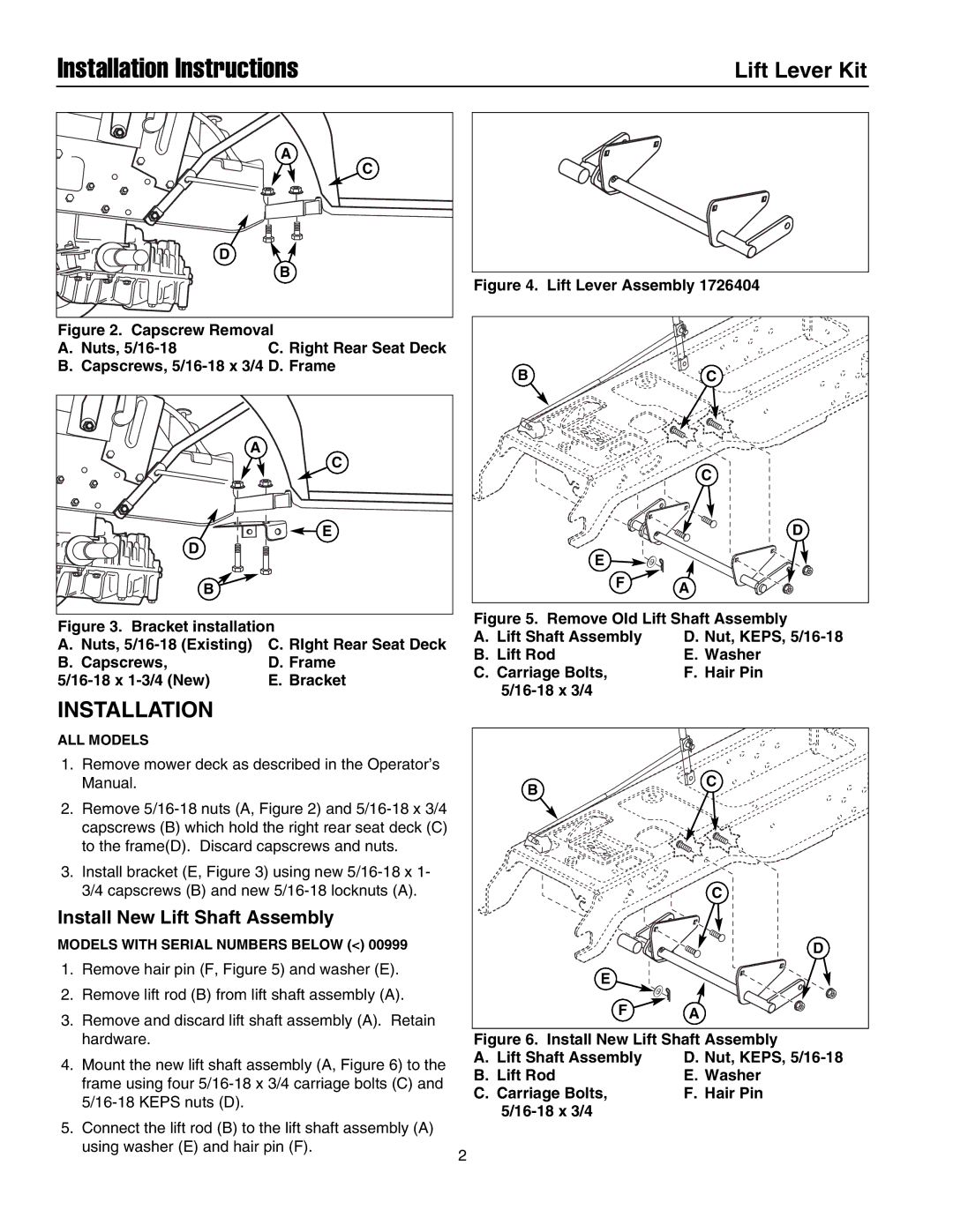 Briggs & Stratton 1694561 installation instructions Installation Instructions, Install New Lift Shaft Assembly 