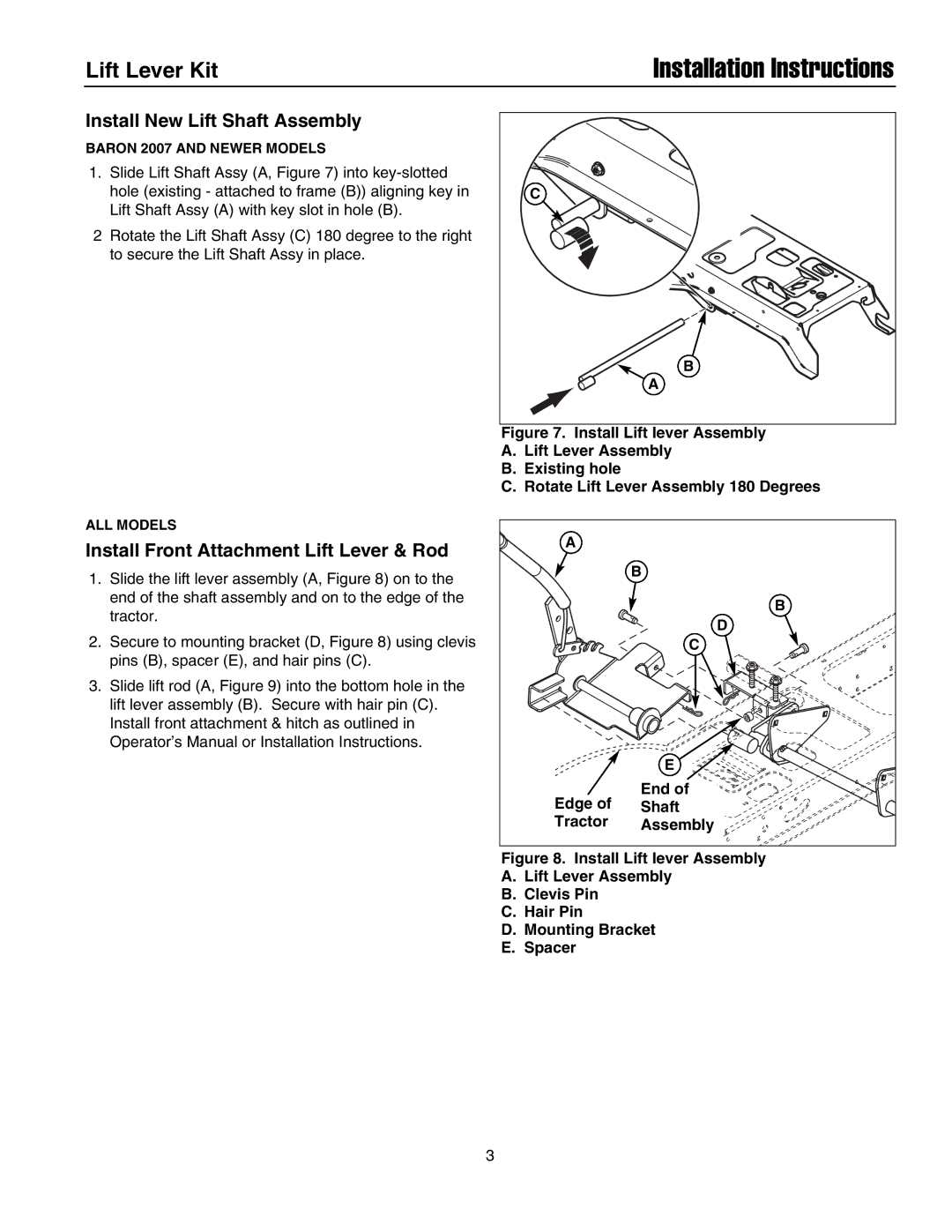 Briggs & Stratton 1694561 installation instructions Installation Instructions, Install Front Attachment Lift Lever & Rod 