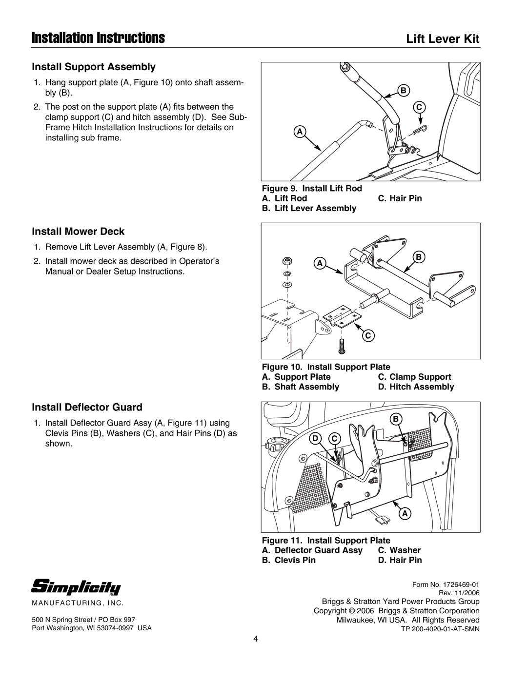 Briggs & Stratton 1694561 installation instructions Install Support Assembly, Install Mower Deck, Install Deflector Guard 