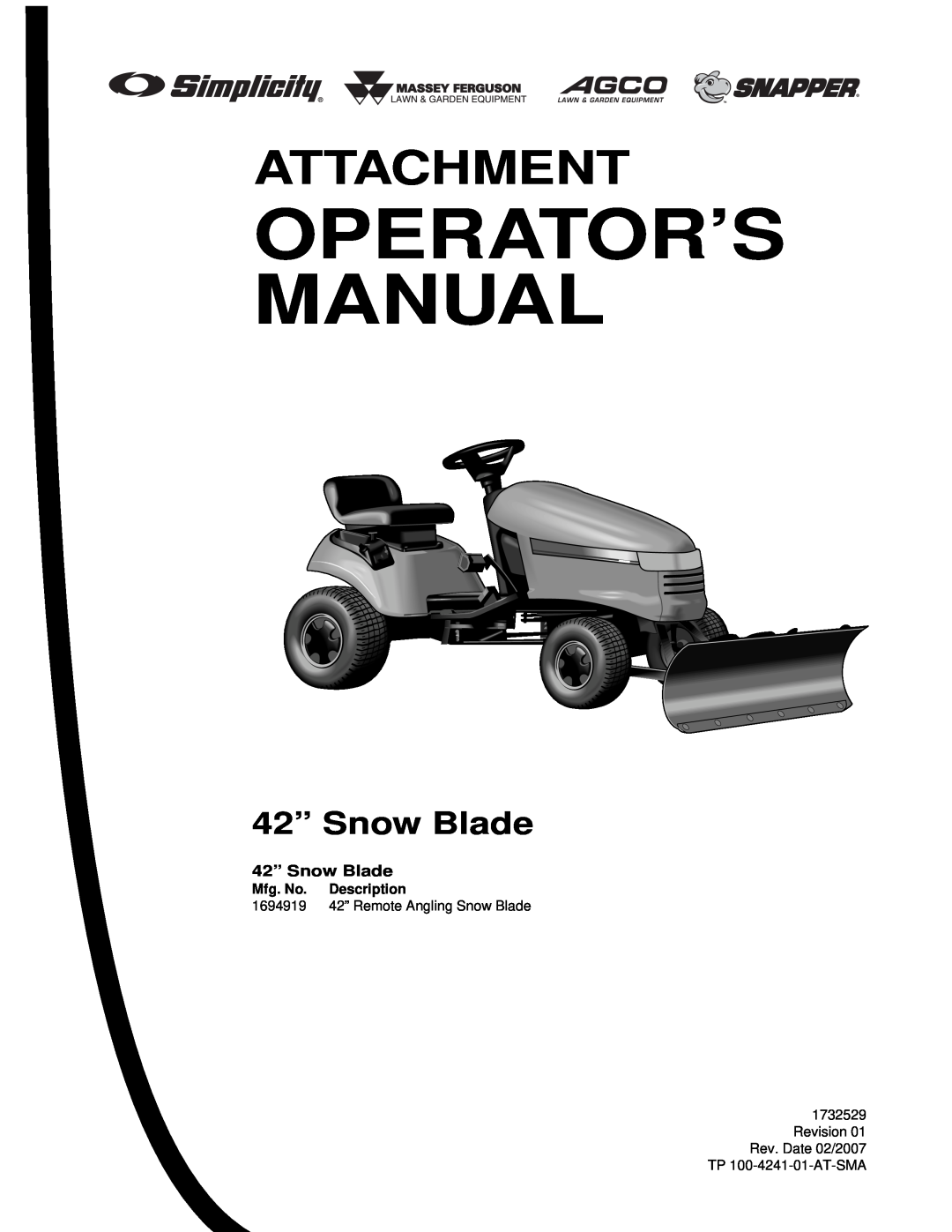 Briggs & Stratton 1694919 manual Operator’S Manual, Attachment, 42” Snow Blade, Mfg. No. Description 