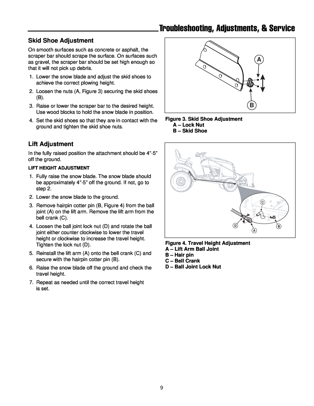 Briggs & Stratton 1694919 manual Skid Shoe Adjustment, Lift Adjustment, Troubleshooting, Adjustments, & Service 