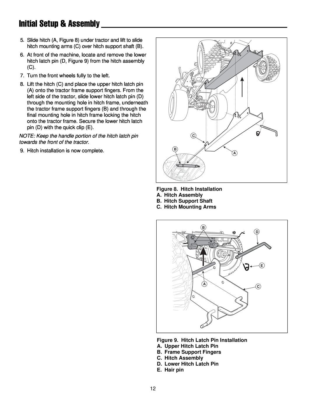 Briggs & Stratton 1694919 manual Initial Setup & Assembly, Hitch Installation A. Hitch Assembly B. Hitch Support Shaft 