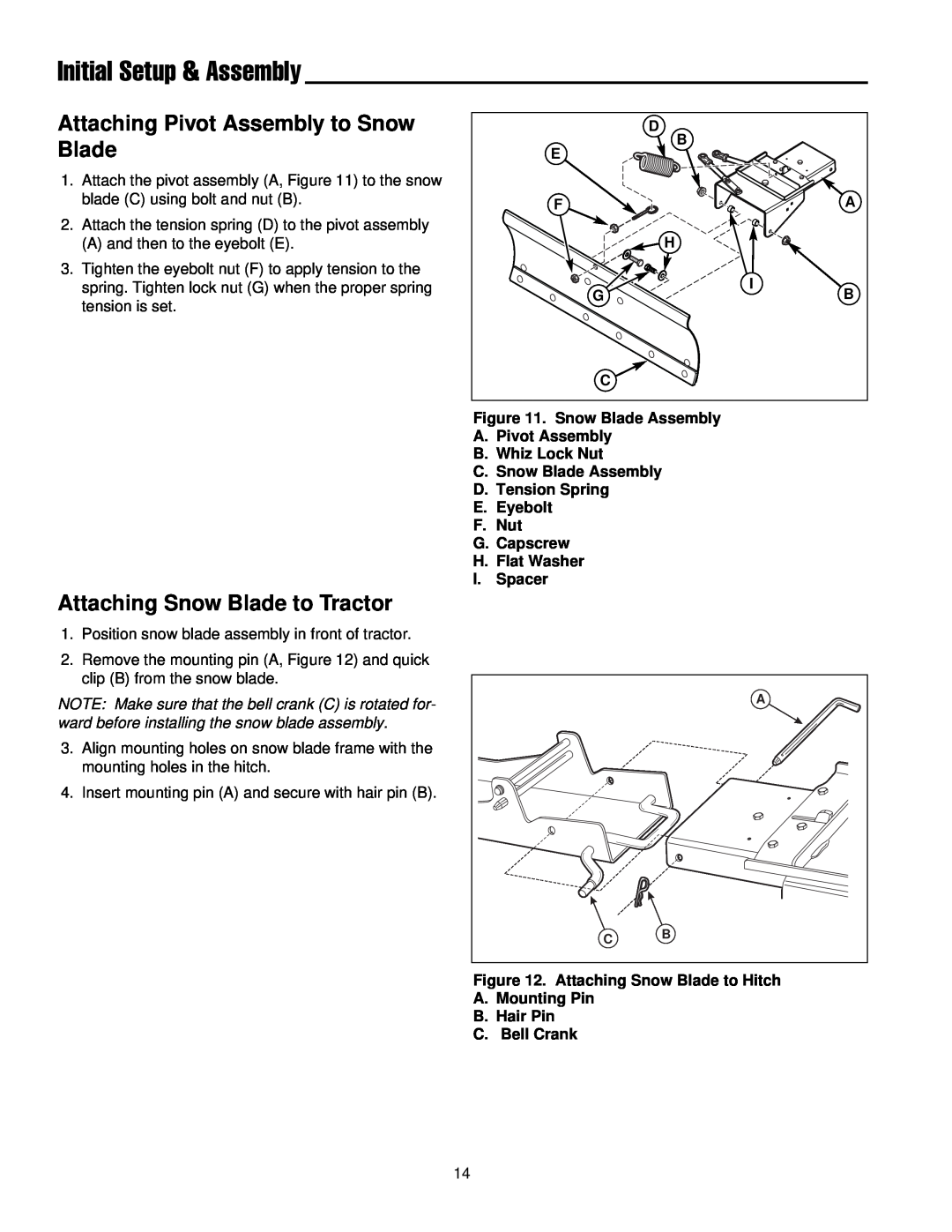 Briggs & Stratton 1694919 manual Attaching Pivot Assembly to Snow Blade, Attaching Snow Blade to Tractor, C. Bell Crank 