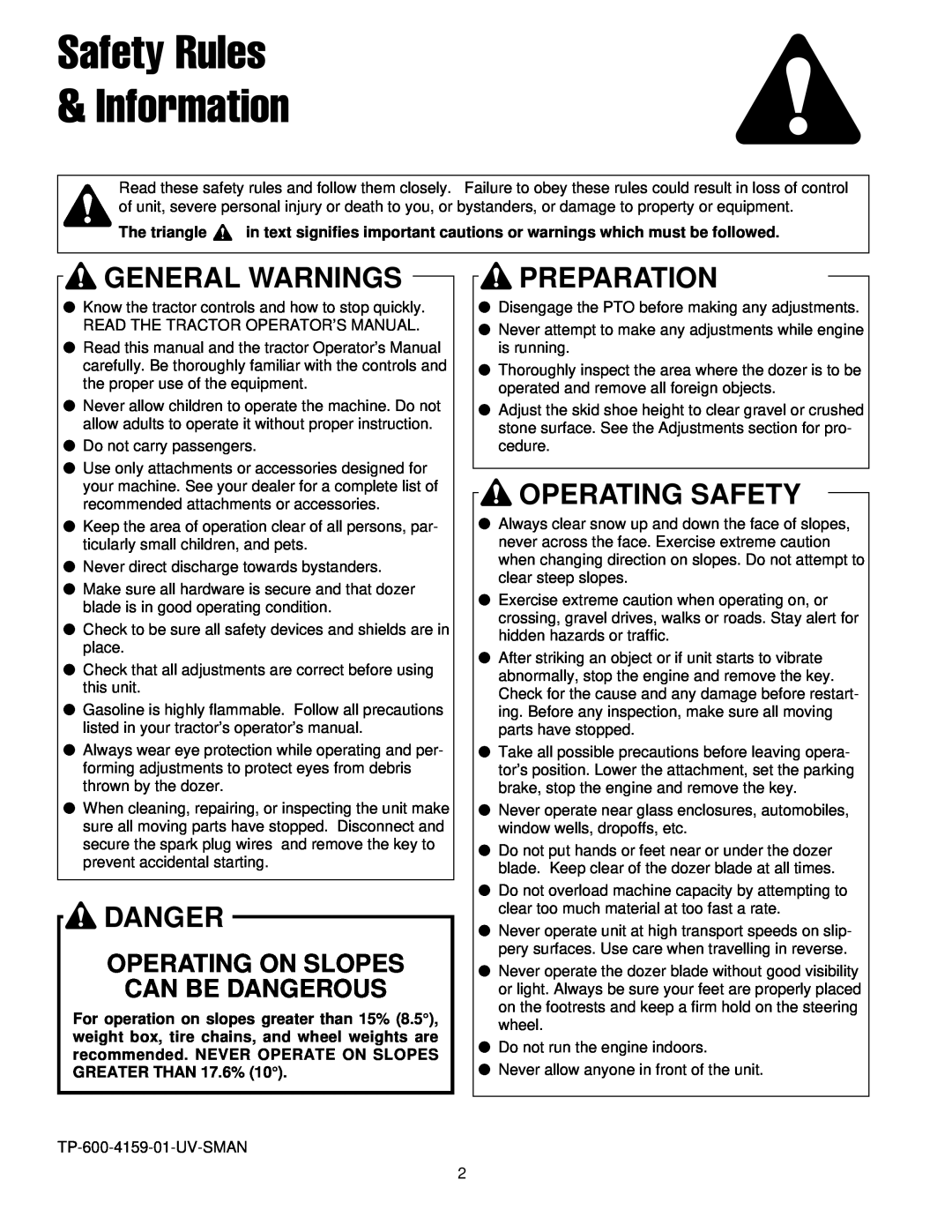 Briggs & Stratton 1694919 Safety Rules Information, General Warnings, Danger, Preparation, Operating Safety, The triangle 