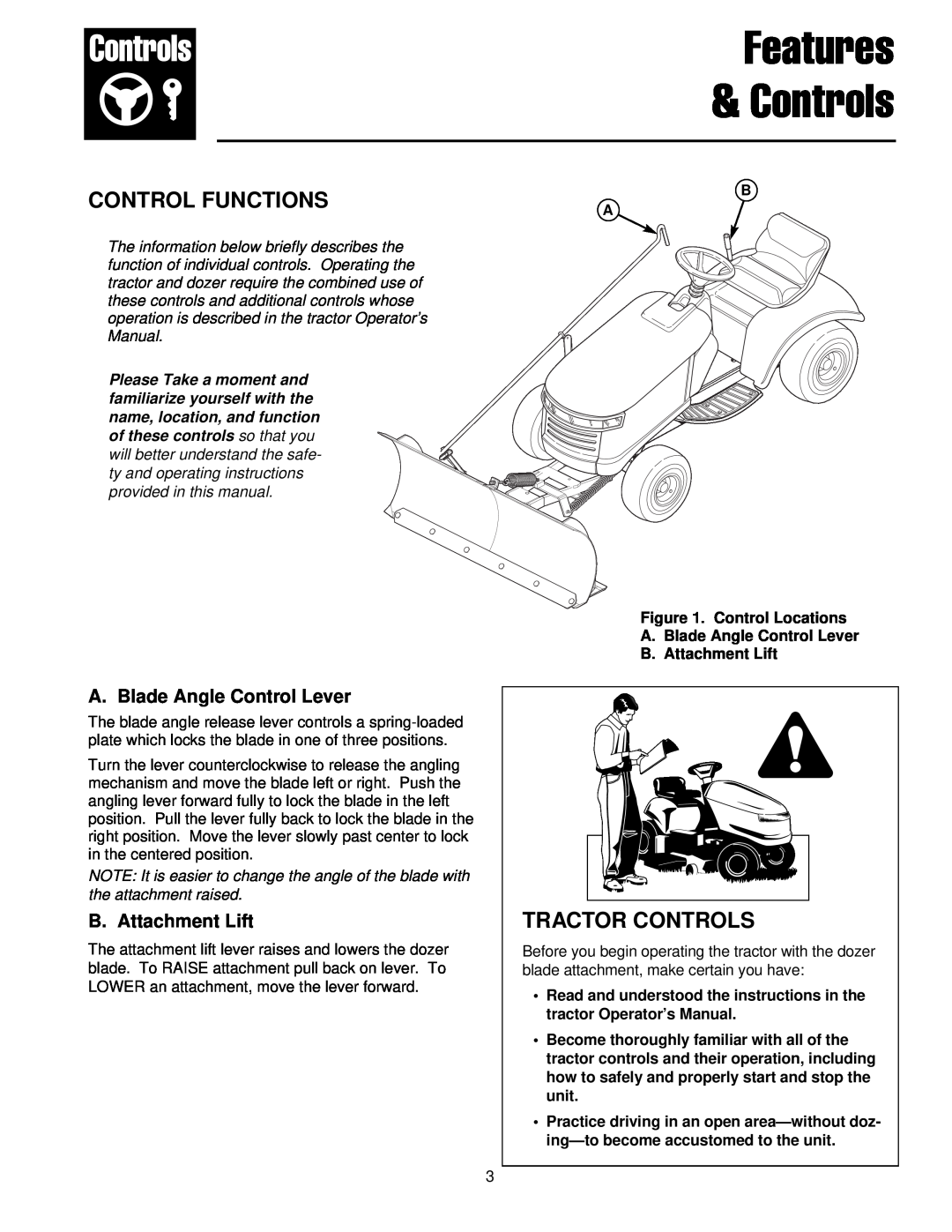Briggs & Stratton 1694919 manual Control Functions, Tractor Controls, A. Blade Angle Control Lever, B. Attachment Lift 