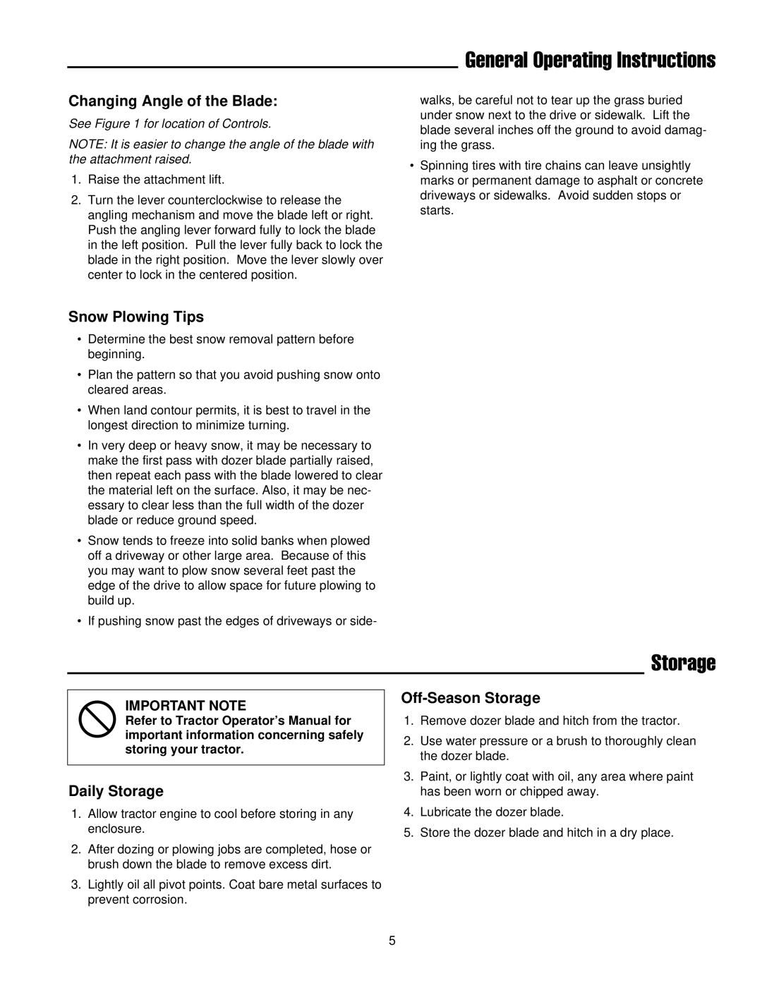 Briggs & Stratton 1694919 manual Changing Angle of the Blade, Snow Plowing Tips, Daily Storage, Off-Season Storage 