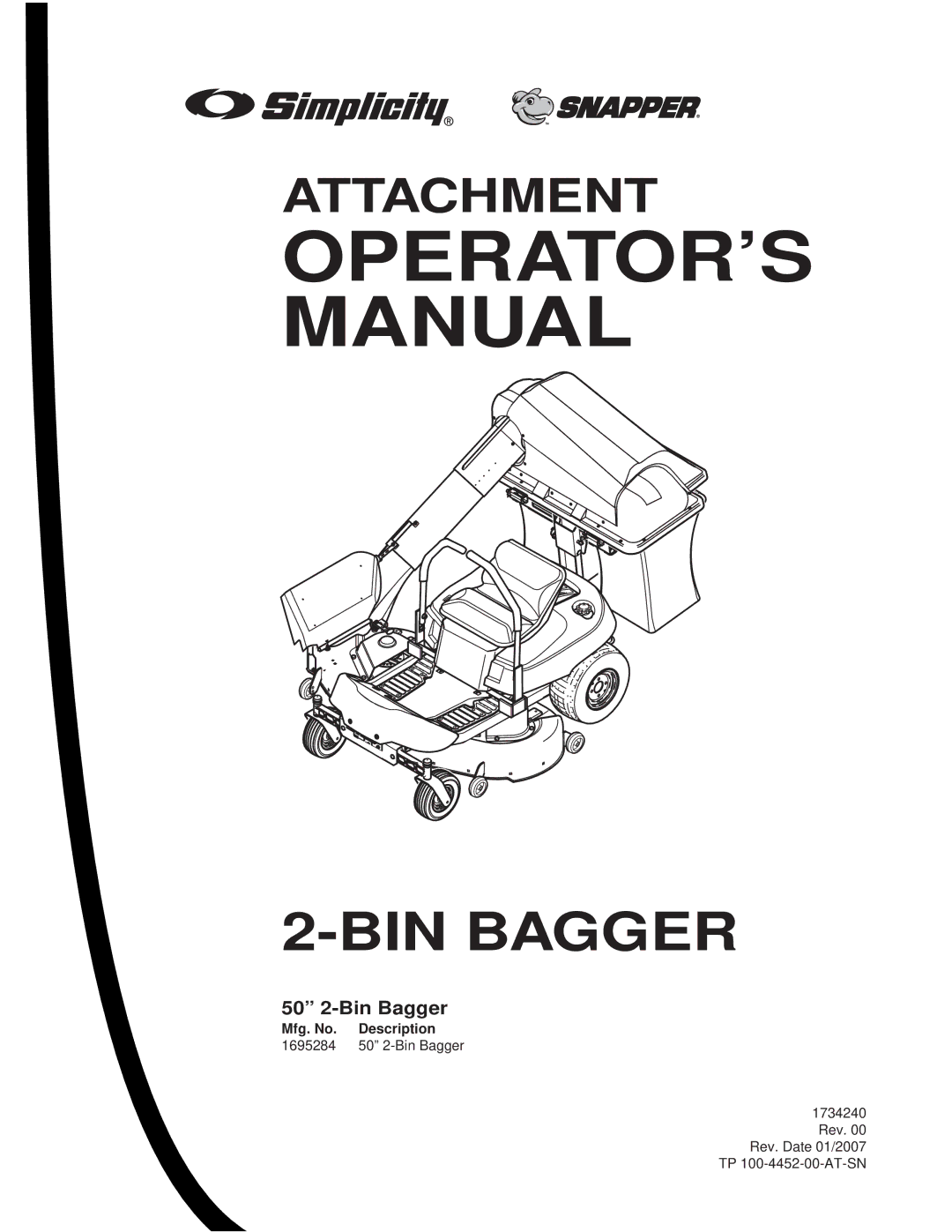 Briggs & Stratton 1695284 manual OPERATOR’S Manual, 50 2-Bin Bagger 