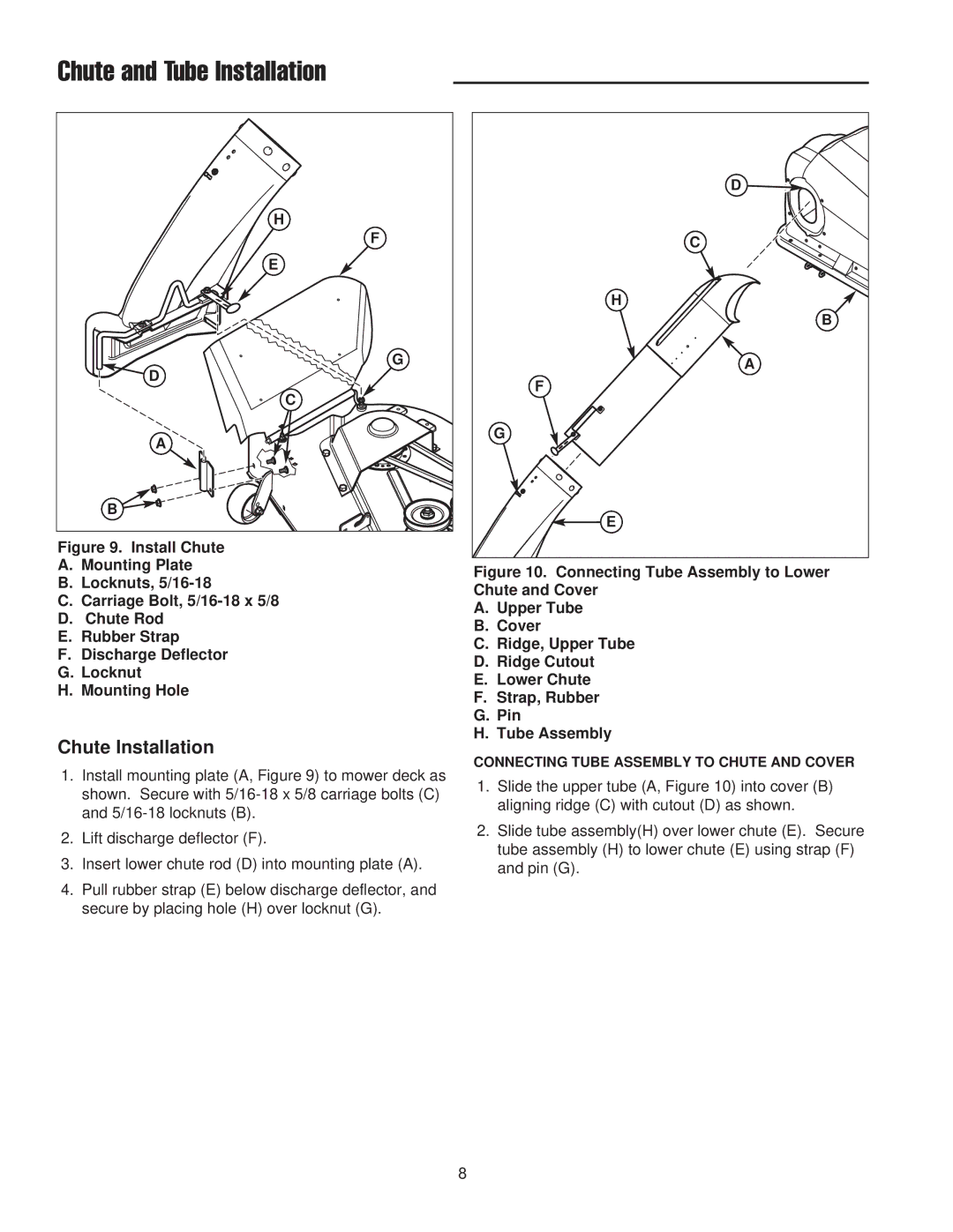 Briggs & Stratton 1695284 manual Chute and Tube Installation, Chute Installation 