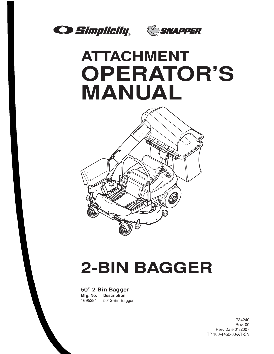 Briggs & Stratton manual Operator’S Manual, Binbagger, Attachment, 1695284 50” 2-BinBagger, TP 100-4452-00-AT-SN 
