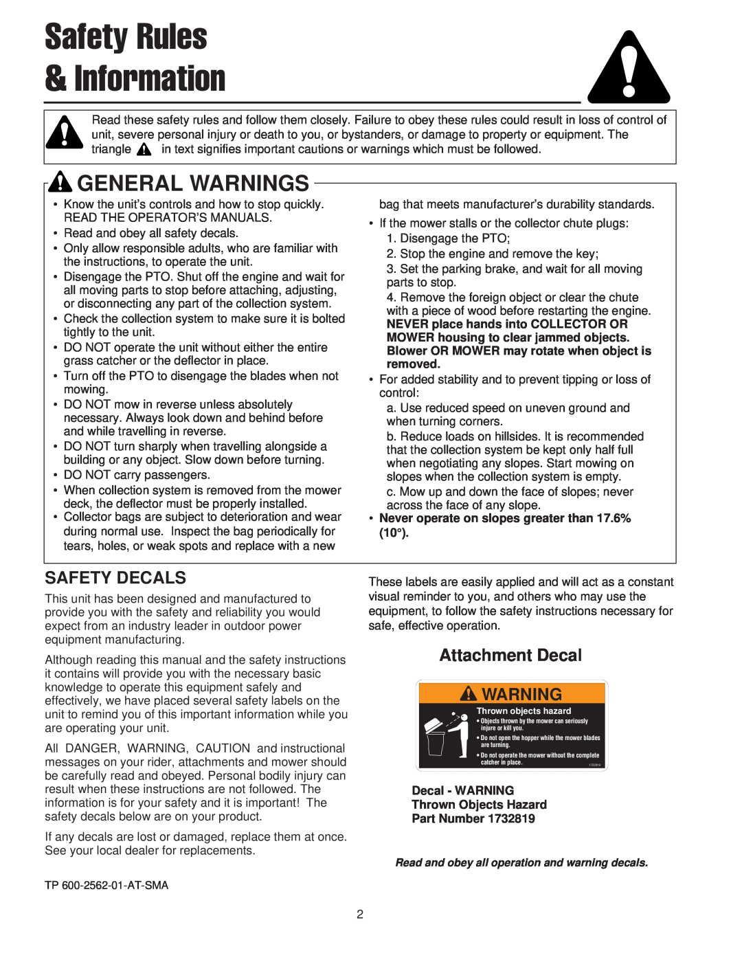 Briggs & Stratton 1695284 manual Safety Rules & Information, Safety Decals, Attachment Decal, General Warnings 