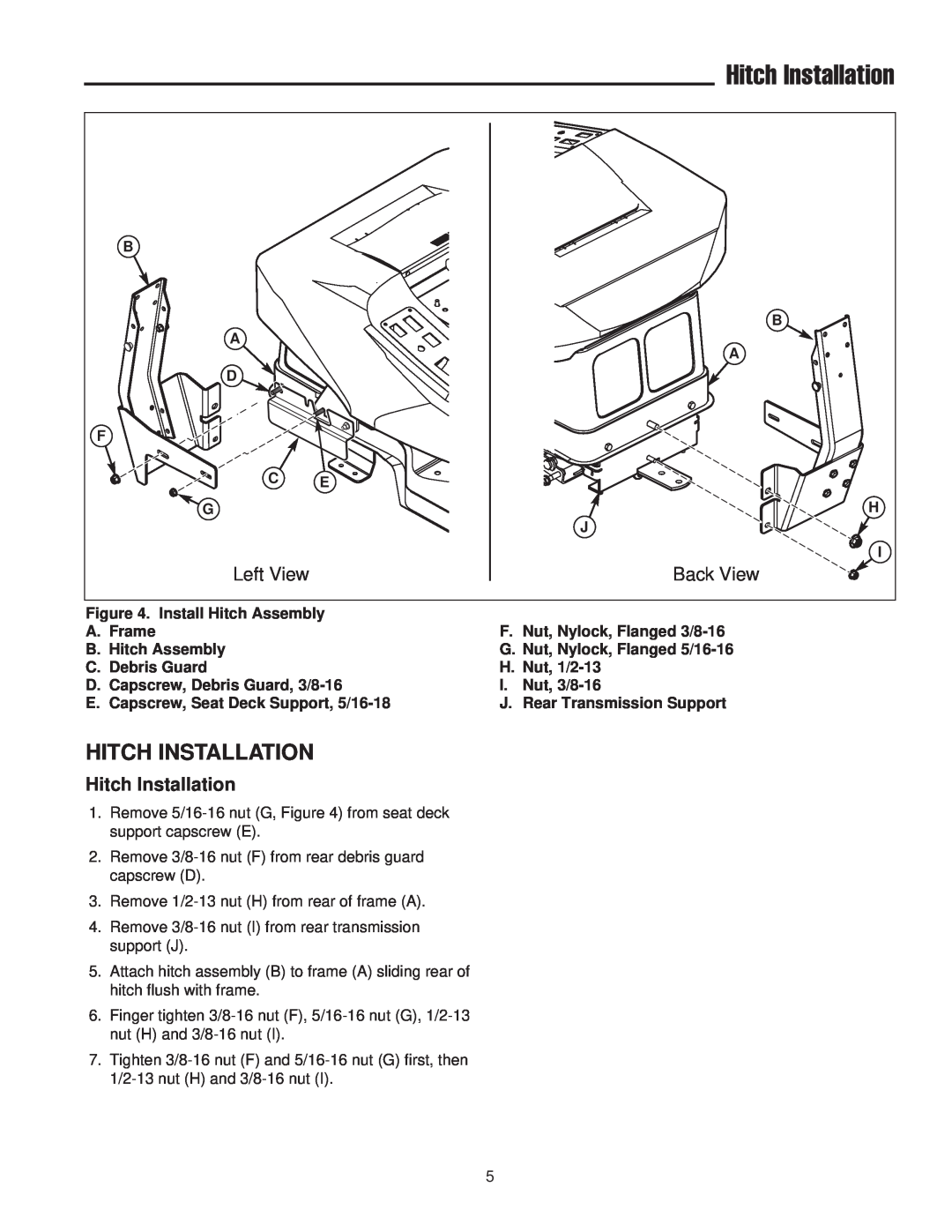 Briggs & Stratton 1695284 manual Hitch Installation, Left View, Back View 