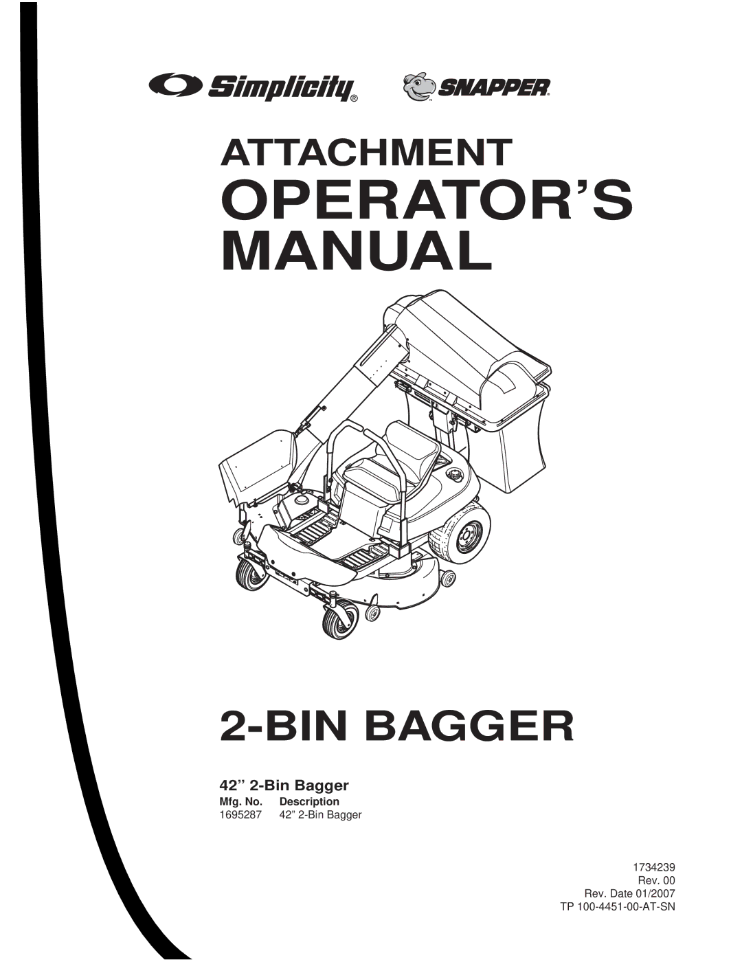 Briggs & Stratton 1695287 manual OPERATOR’S Manual, 42 2-Bin Bagger 