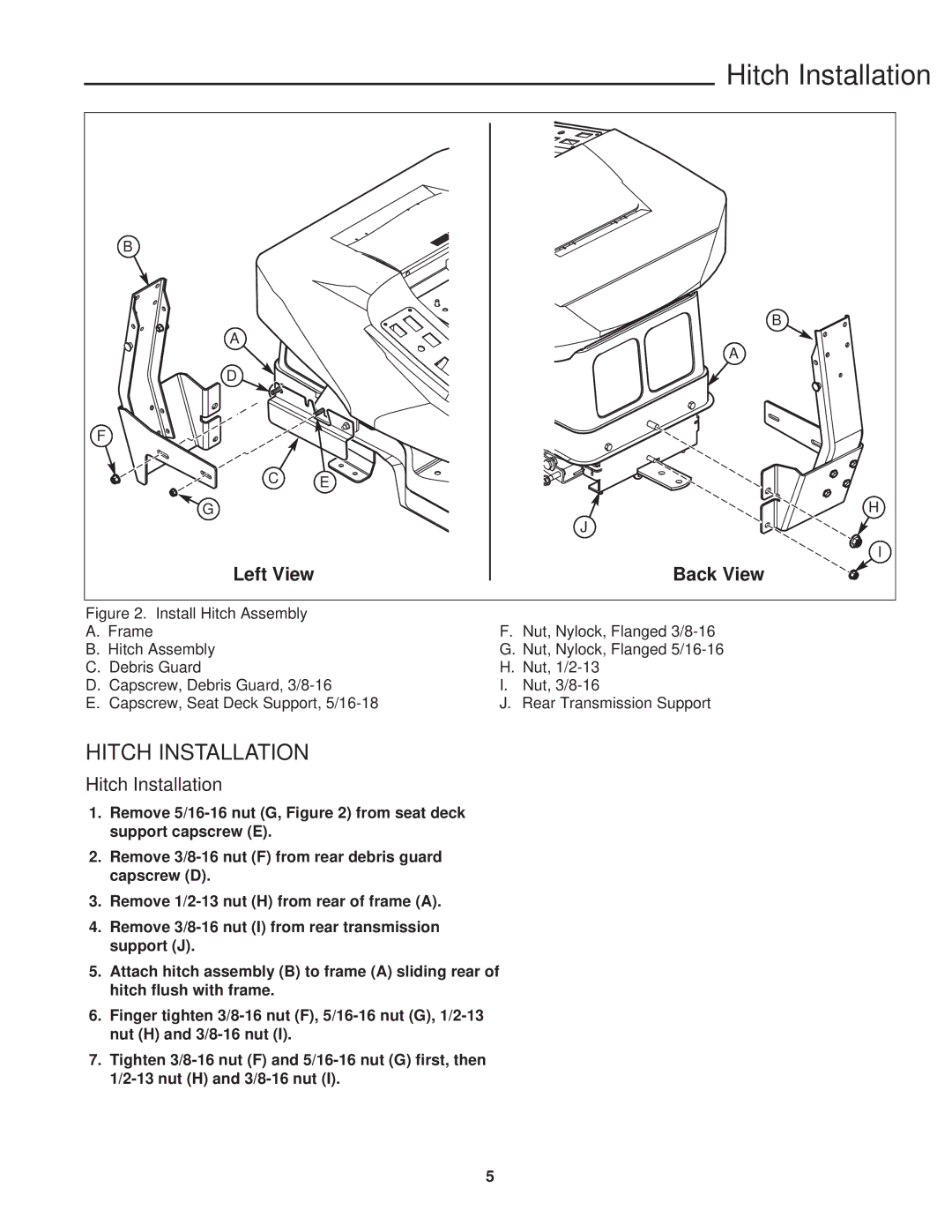 Briggs & Stratton 1695287 manual Hitch Installation, Left View Back View 