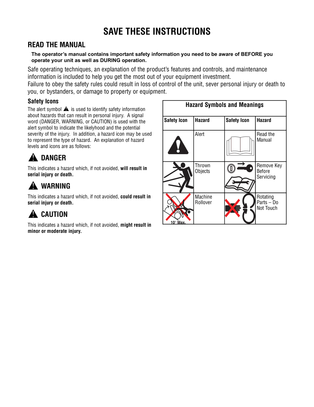 Briggs & Stratton 1695353 manual Safety Icons, Hazard Symbols and Meanings 