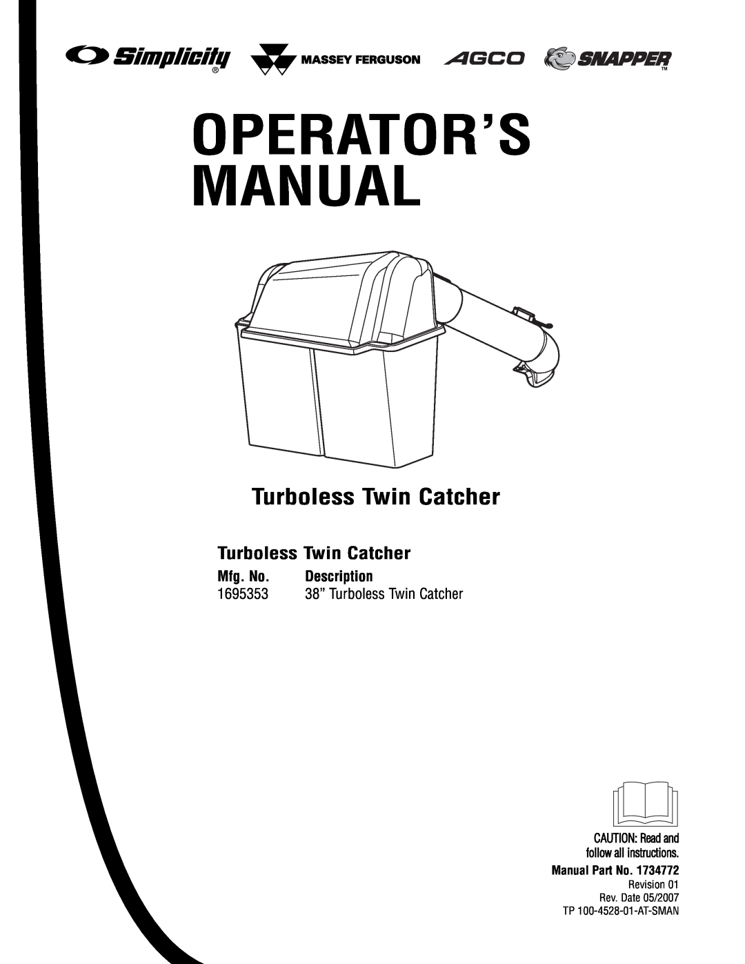 Briggs & Stratton 1695353 manual Turboless Twin Catcher, Mfg. No, Description, Operator’S Manual 