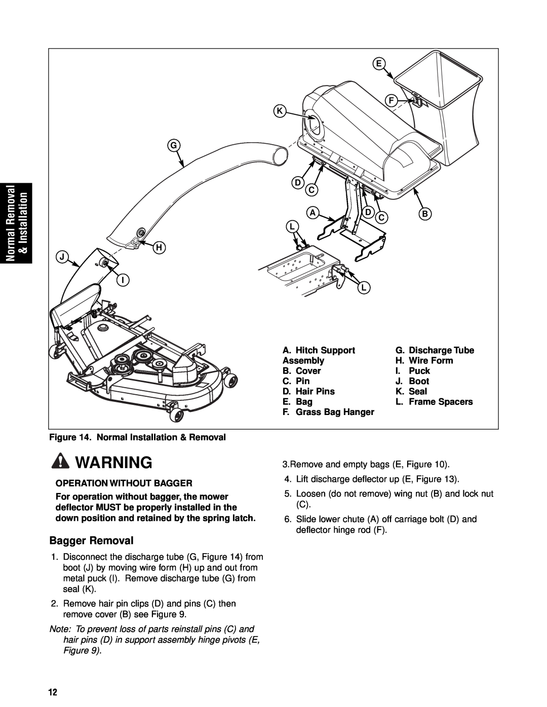 Briggs & Stratton 1695353 manual Normal Removal, Bagger Removal, Installation 