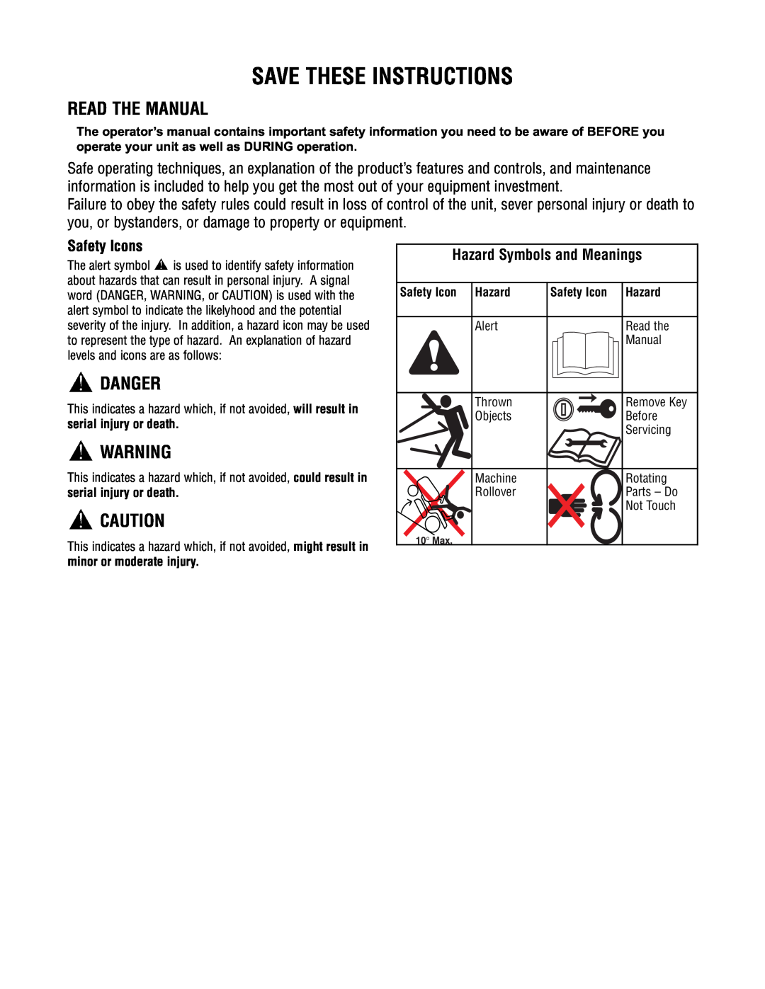 Briggs & Stratton 1695353 Save These Instructions, Read The Manual, Danger, Safety Icons, Hazard Symbols and Meanings 