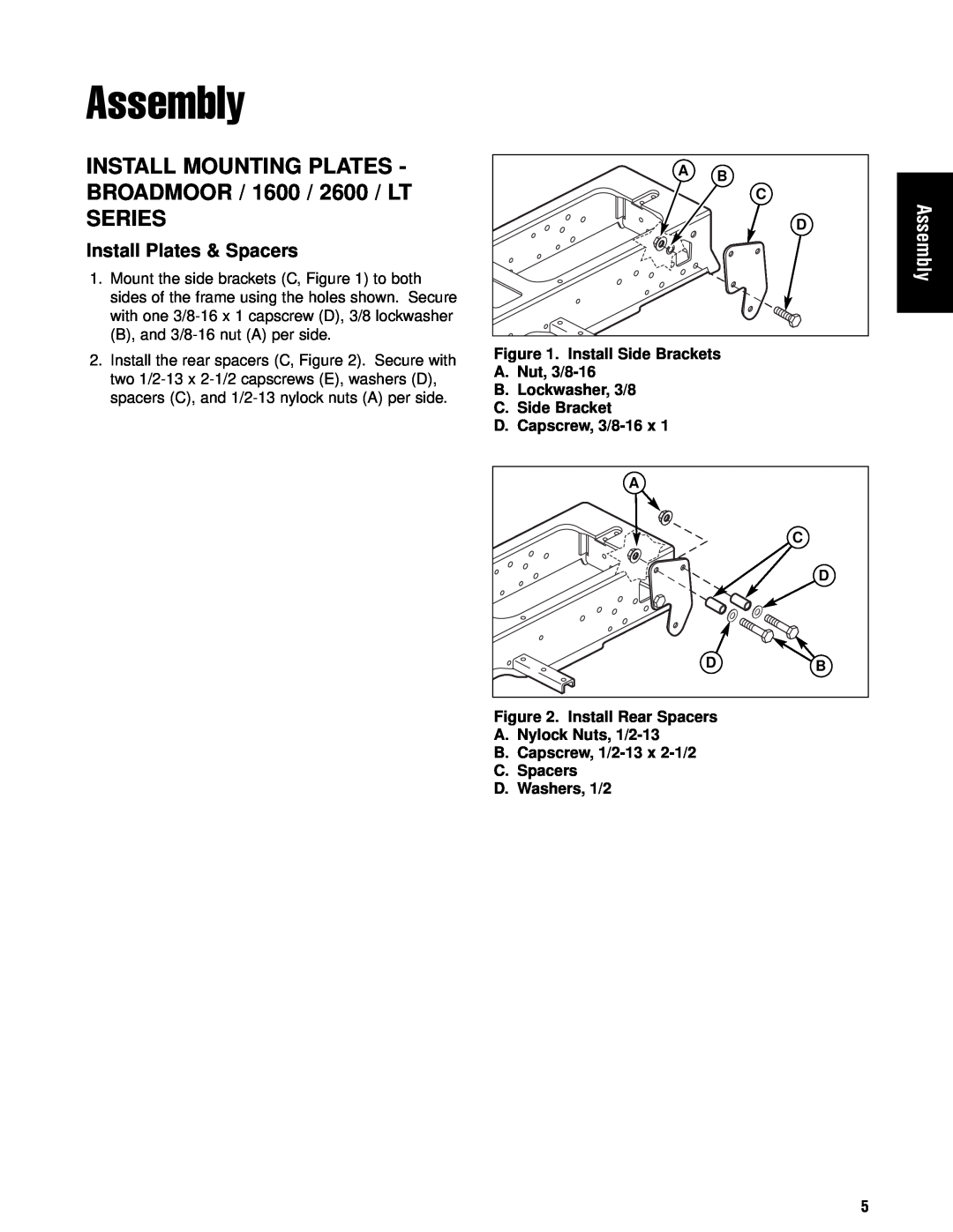 Briggs & Stratton 1695353 manual INSTALL MOUNTING PLATES - BROADMOOR / 1600 / 2600 / LT SERIES, Assembly 