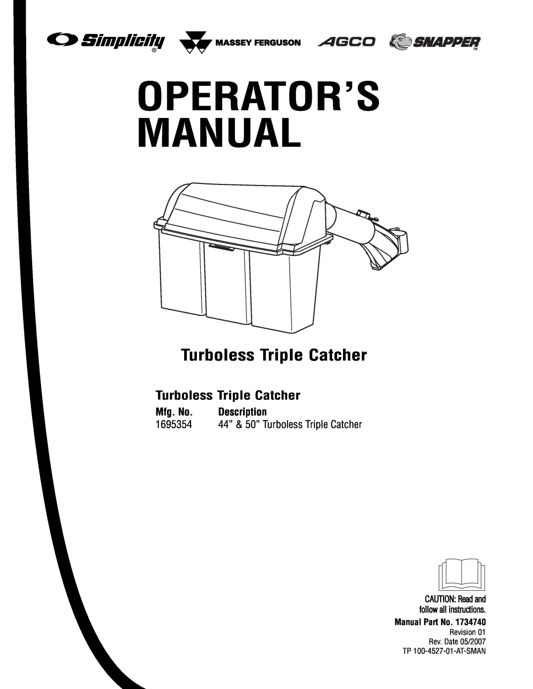 Briggs & Stratton 1695354 manual Turboless Triple Catcher, Mfg. No, Description, Operator’S Manual 