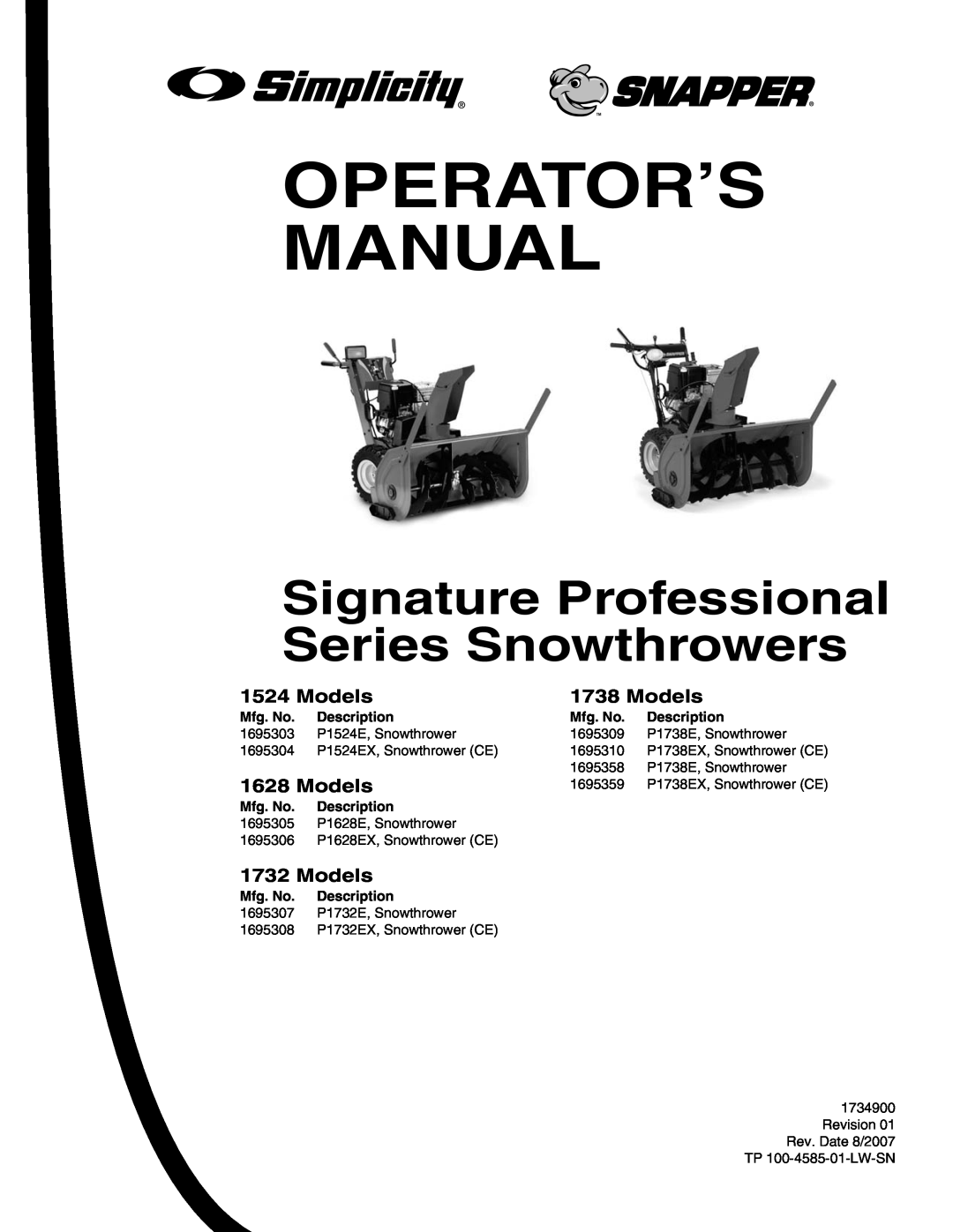 Briggs & Stratton 1732, 1738 manual Operator’S Manual, Signature Professional Series Snowthrowers, Mfg. No, Description 