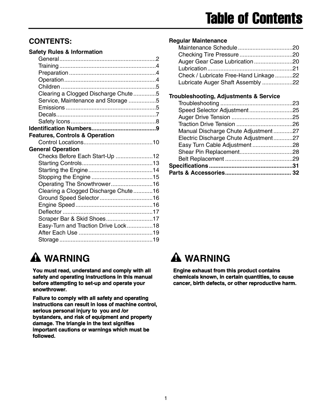 Briggs & Stratton 1524 Table of Contents, Safety Rules & Information, Features, Controls & Operation, Specifications 