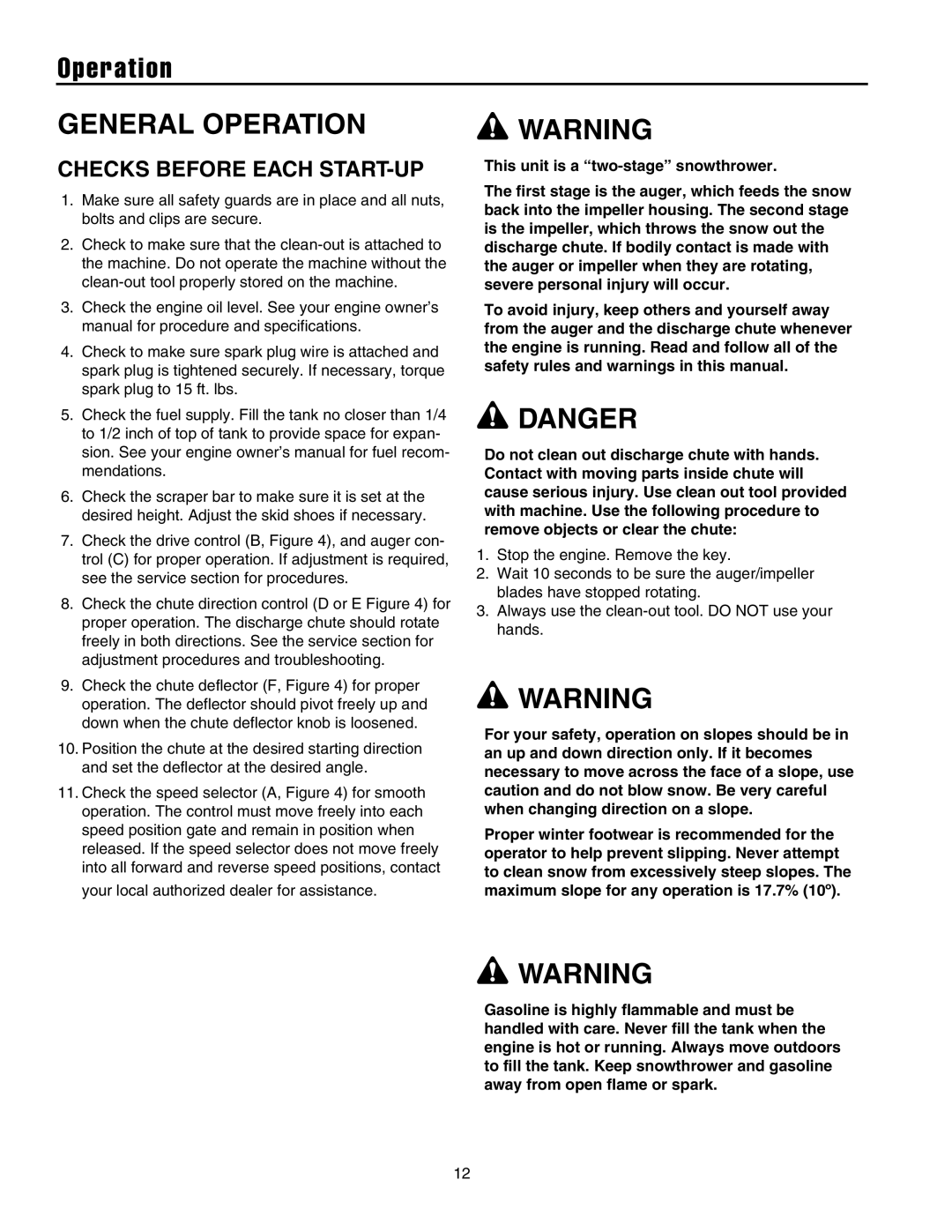 Briggs & Stratton 1628, 1738, 1732, 1524 manual Operation, Checks Before Each START-UP 