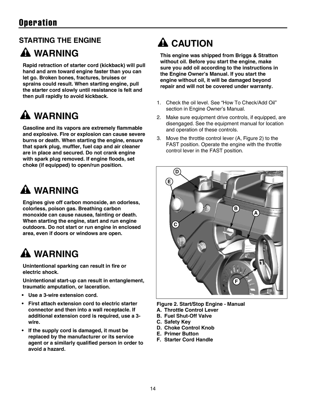 Briggs & Stratton 1738, 1732, 1628, 1524 manual Starting the Engine 