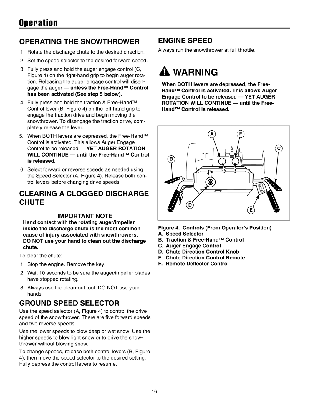 Briggs & Stratton 1628 Operating the Snowthrower, Clearing a Clogged Discharge Chute, Ground Speed Selector, Engine Speed 