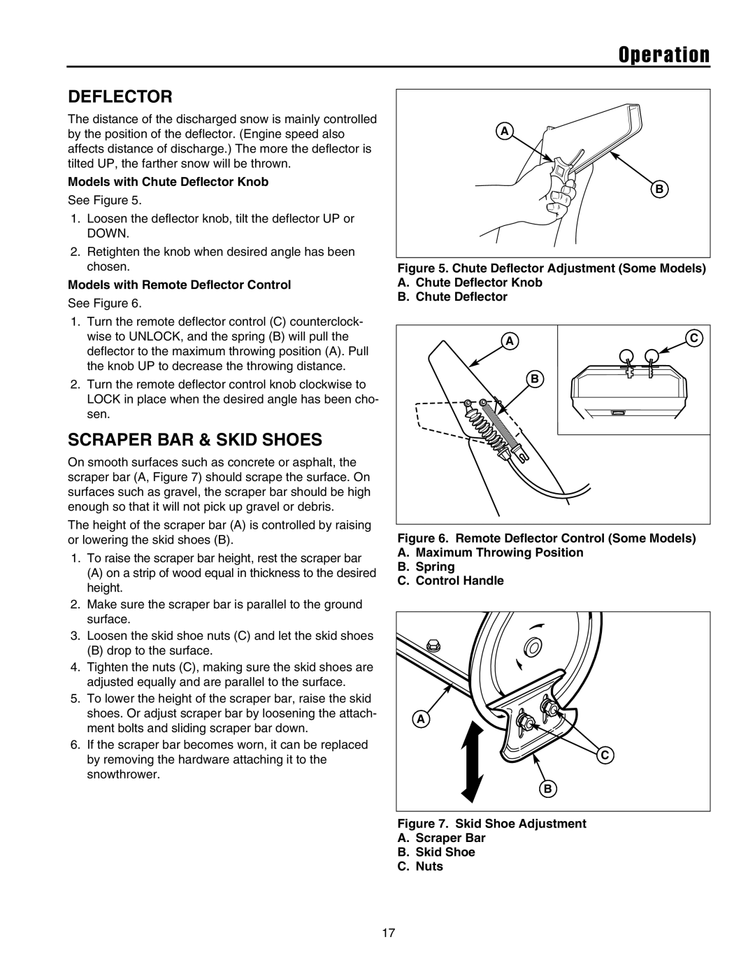 Briggs & Stratton 1524, 1738, 1732, 1628 manual Scraper BAR & Skid Shoes, Models with Chute Deflector Knob 