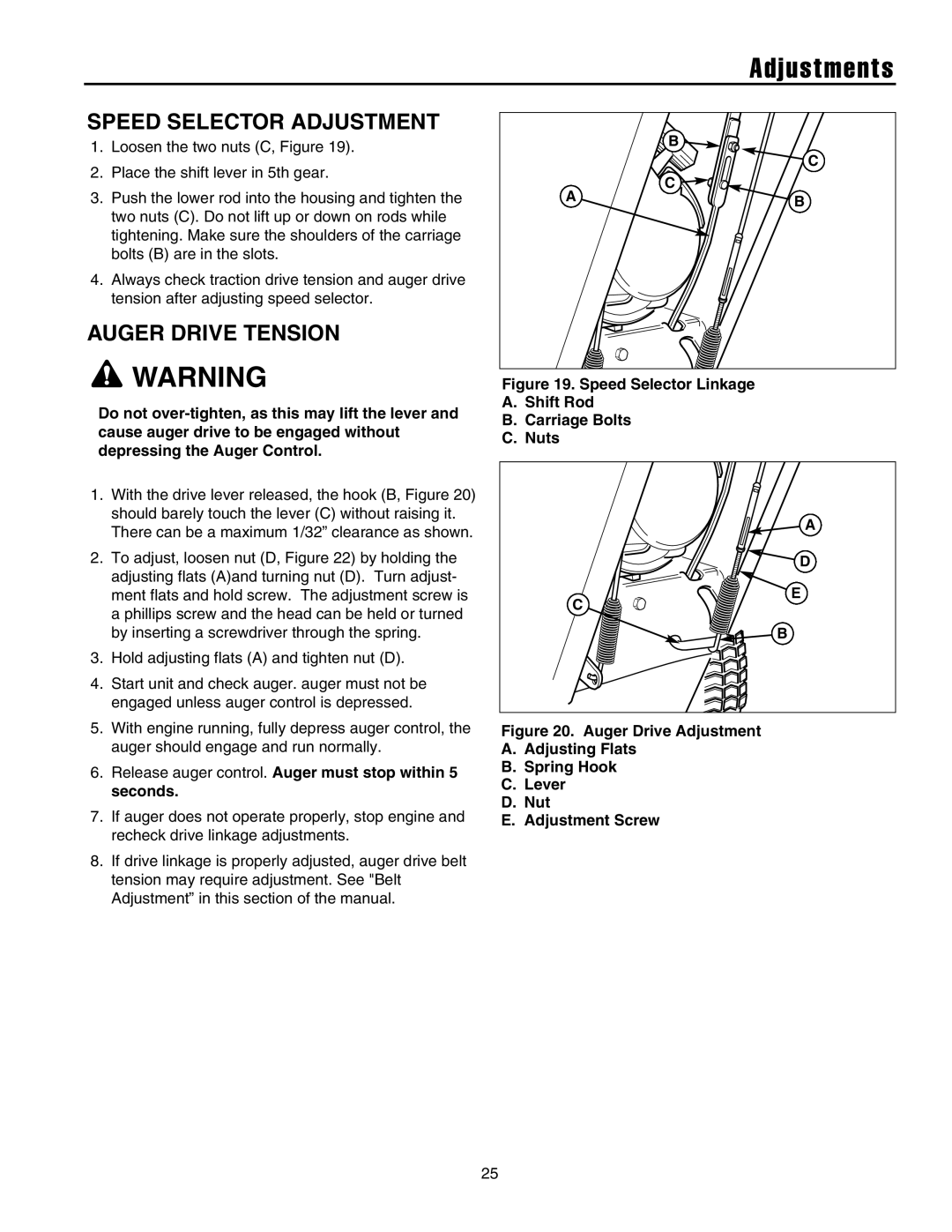 Briggs & Stratton 1524, 1738, 1732, 1628 manual Adjustments, Speed Selector Adjustment, Auger Drive Tension 