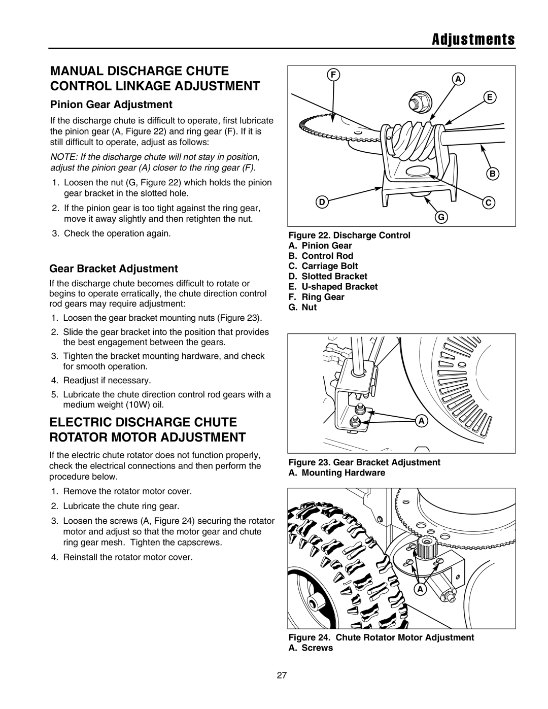 Briggs & Stratton 1732 Manual Discharge Chute Control Linkage Adjustment, Pinion Gear Adjustment, Gear Bracket Adjustment 