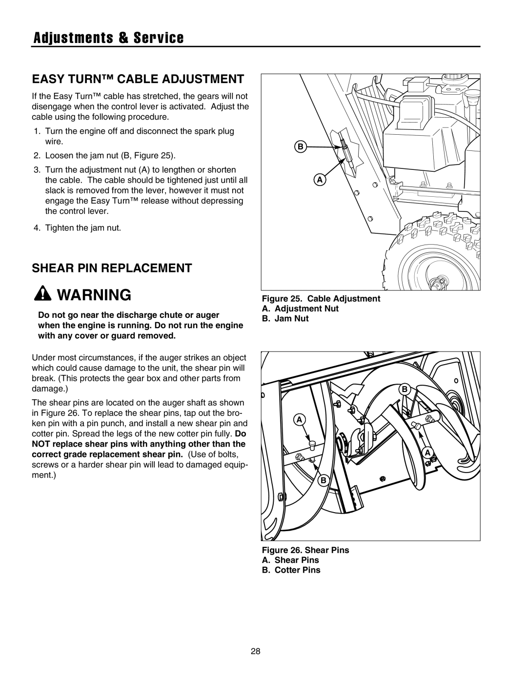 Briggs & Stratton 1628, 1738, 1732, 1524 manual Adjustments & Service, Easy Turn Cable Adjustment, Shear PIN Replacement 