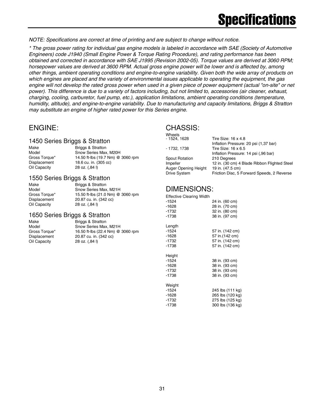 Briggs & Stratton 1732, 1738, 1628, 1524 manual Specifications, Engine, Chassis, Dimensions, Series Briggs & Stratton 