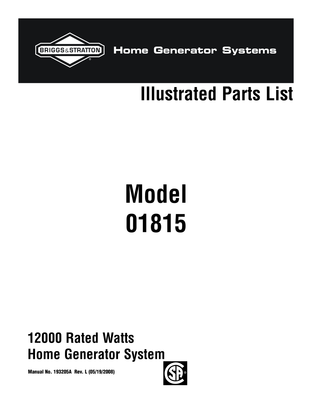 Briggs & Stratton 1815 manual Model, Illustrated Parts List, Rated Watts Home Generator System, Home Generator Systems 