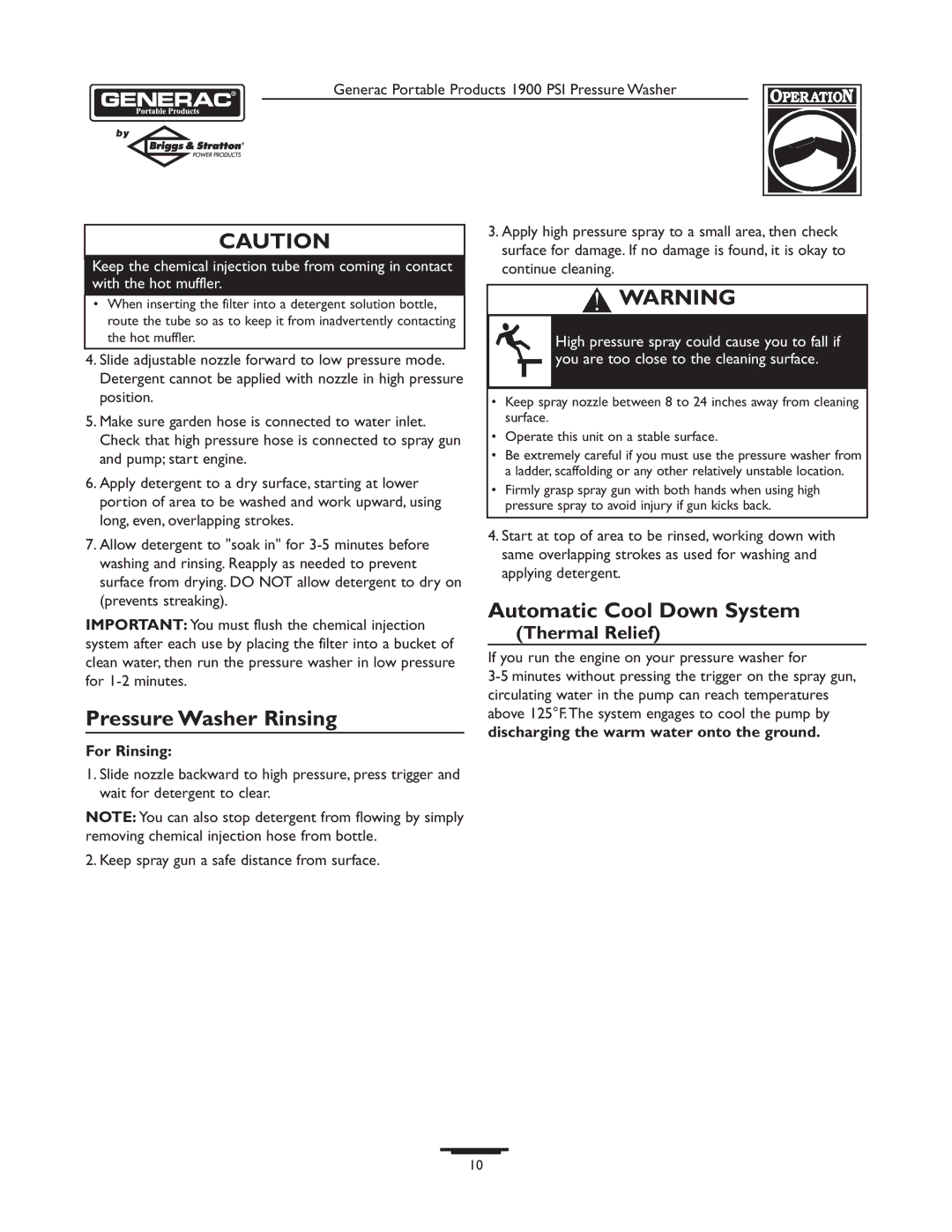 Briggs & Stratton 1900PSI owner manual Pressure Washer Rinsing, Automatic Cool Down System, Thermal Relief, For Rinsing 