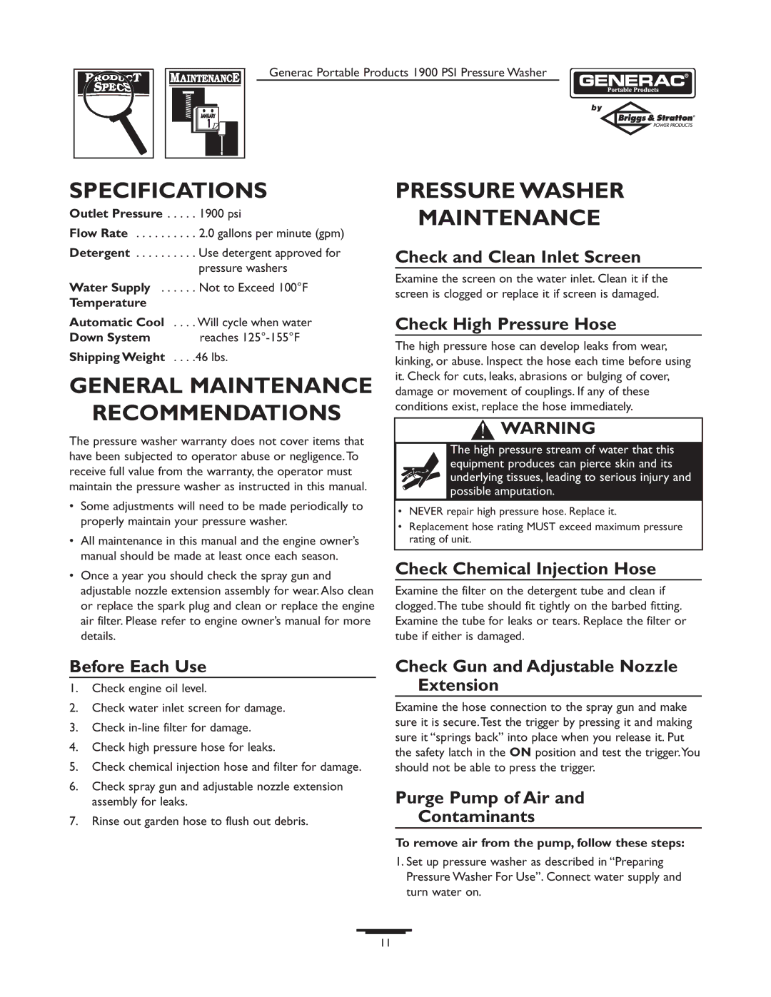 Briggs & Stratton 1900PSI owner manual Specifications, General Maintenance Recommendations, Pressure Washer Maintenance 