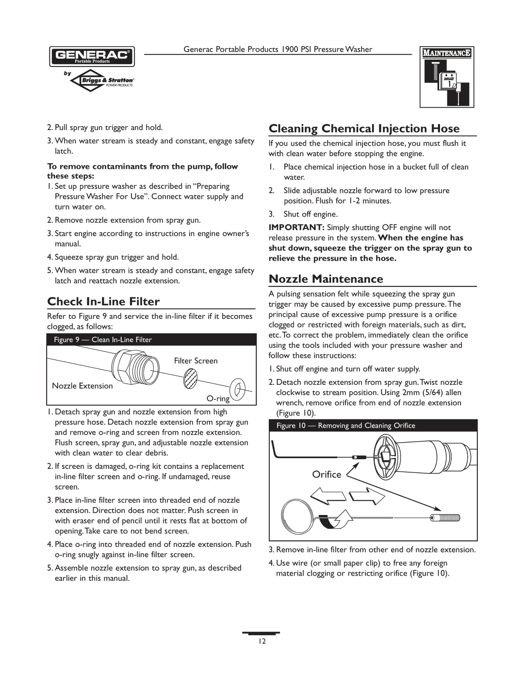 Briggs & Stratton 1900PSI owner manual Cleaning Chemical Injection Hose, Check In-Line Filter, Nozzle Maintenance 