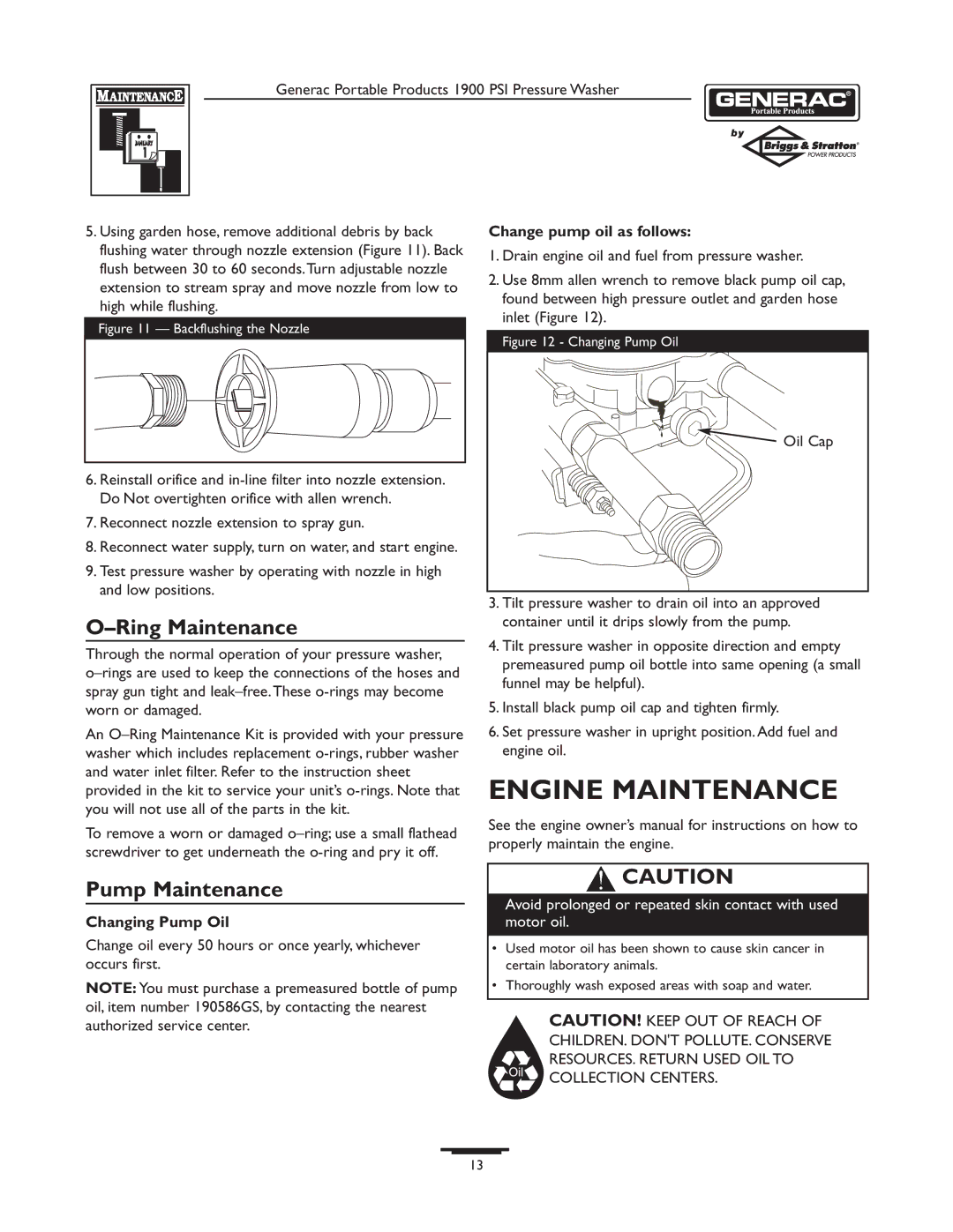 Briggs & Stratton 1900PSI owner manual Engine Maintenance, Ring Maintenance, Pump Maintenance, Change pump oil as follows 