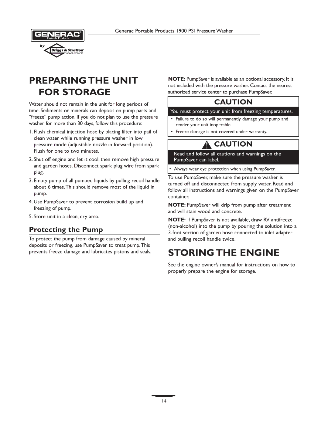 Briggs & Stratton 1900PSI owner manual Preparing the Unit for Storage, Storing the Engine, Protecting the Pump 