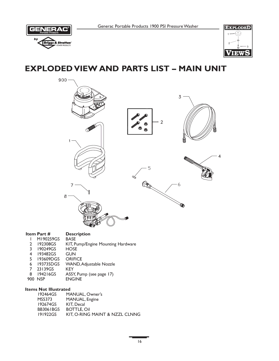 Briggs & Stratton 1900PSI owner manual Exploded View and Parts List Main Unit, Description, Items Not Illustrated 