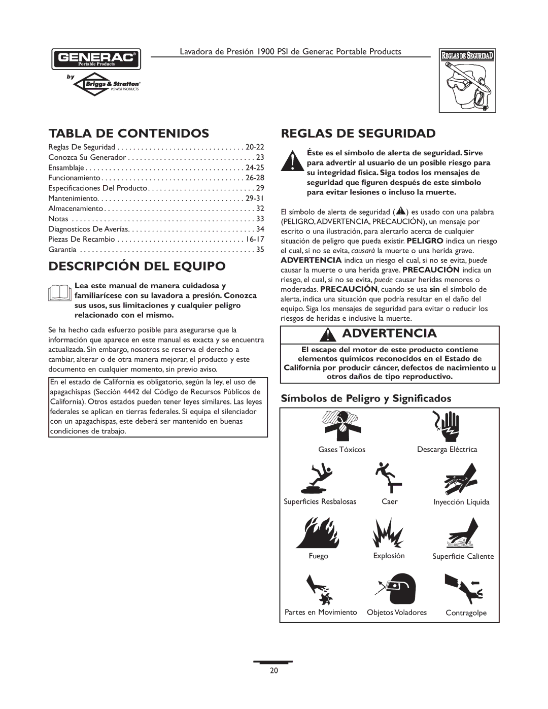 Briggs & Stratton 1900PSI owner manual Tabla DE Contenidos, Descripción DEL Equipo, Reglas DE Seguridad, Advertencia 