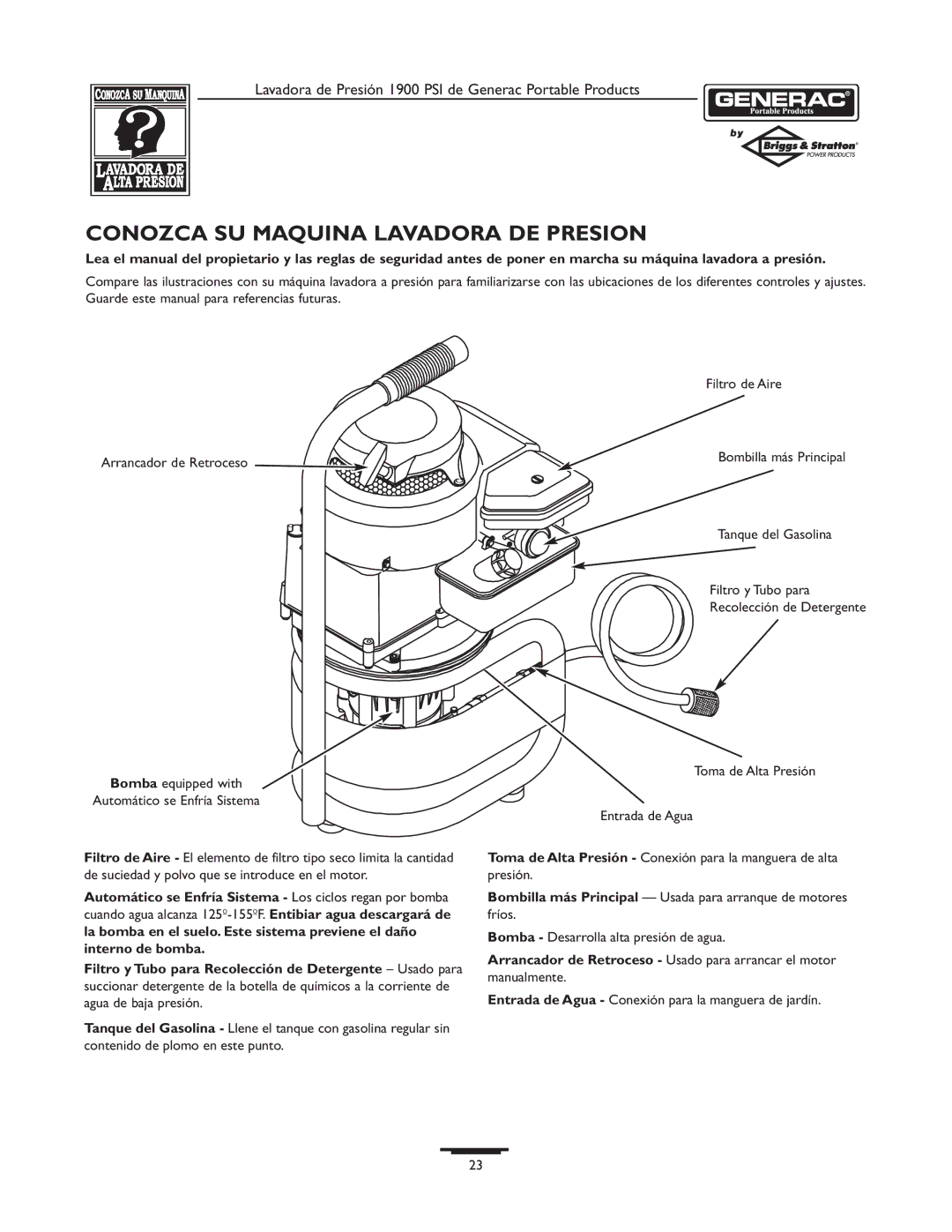 Briggs & Stratton 1900PSI owner manual Conozca SU Maquina Lavadora DE Presion 