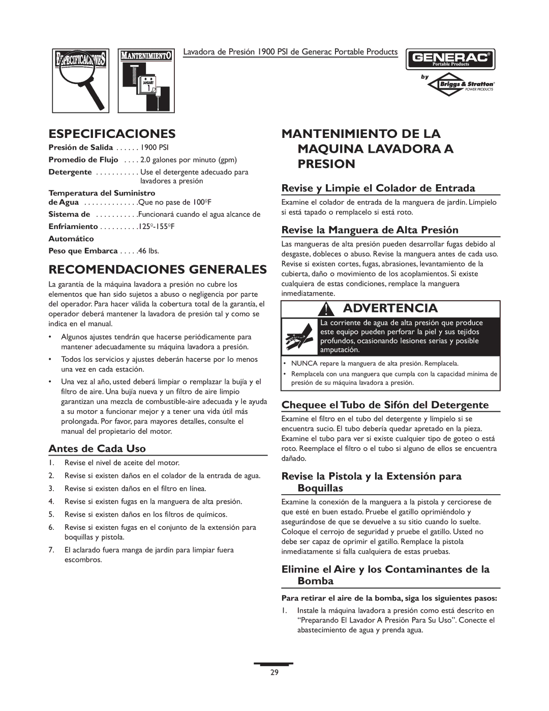 Briggs & Stratton 1900PSI Especificaciones, Recomendaciones Generales, Mantenimiento DE LA Maquina Lavadora a Presion 