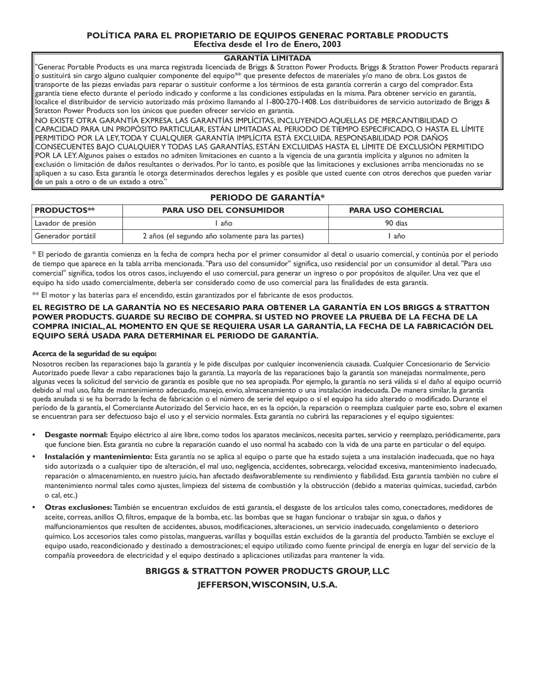 Briggs & Stratton 1900PSI owner manual Efectiva desde el 1ro de Enero, Lavador de presión, Generador portátil 